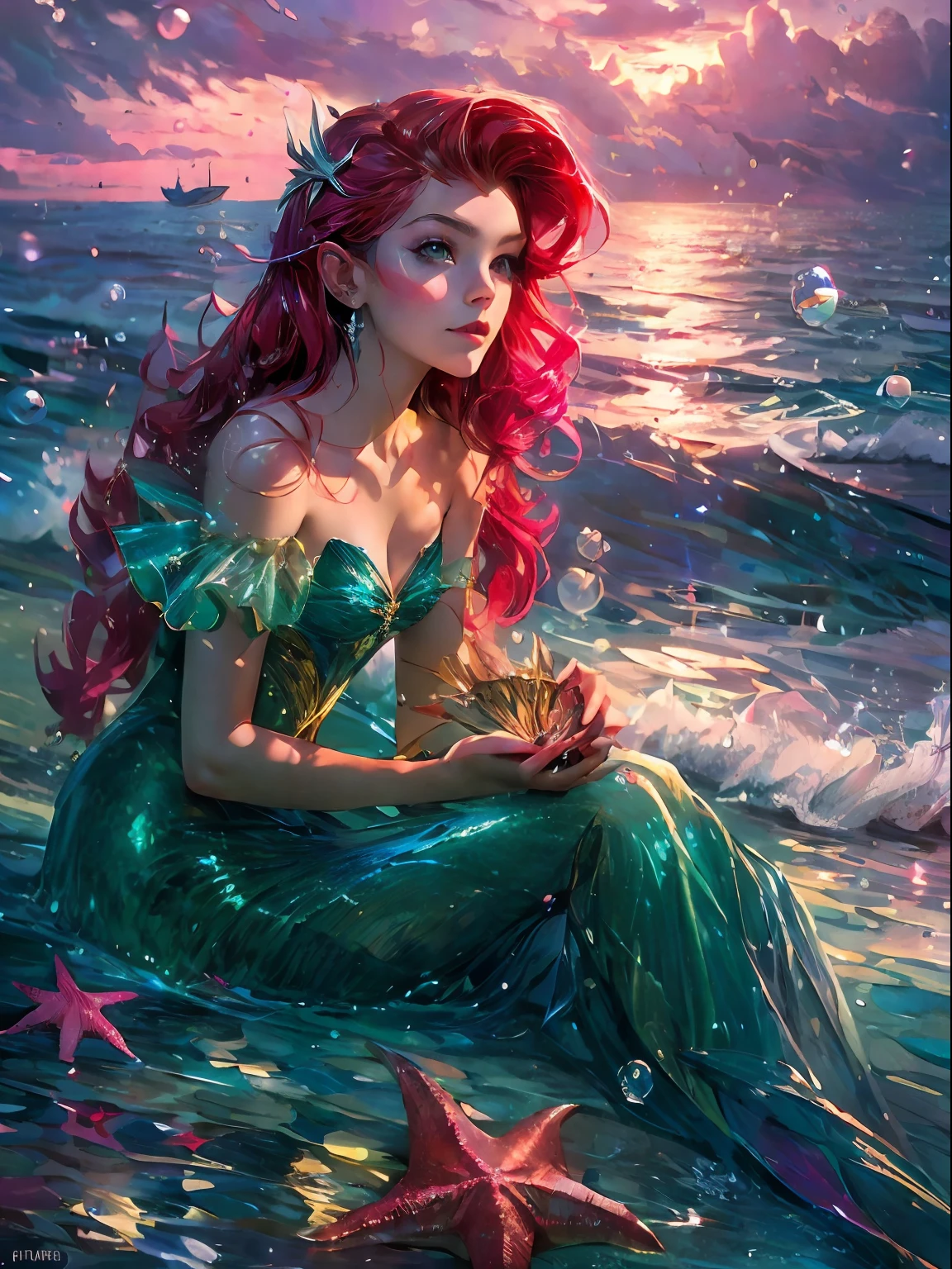 HighestQuali，tmasterpiece：1.2，Detailed details，A -yeld wo dressed up as a portrait of Ariel the Little Mermaid of Disney，Exquisite facial features，She held a starfish in her hand，She sits by the sea，There are bubbles everywhere