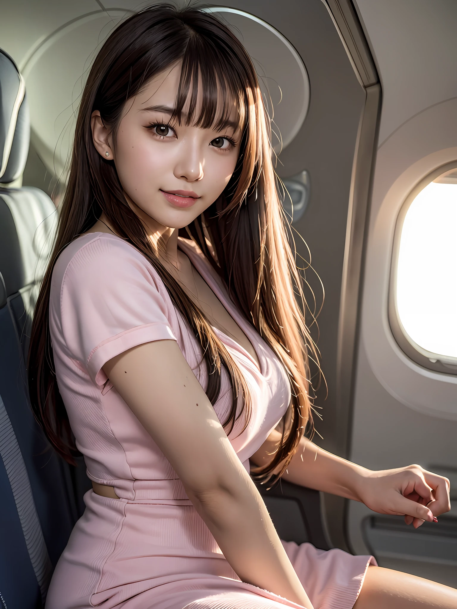 product quality, 1 girl per 1 photo, cowboy shot, side view, a Japanese young pretty girl, long bob hair, wearing a marriage ring, wearing a short sleeves light pink one piece dress, sitting on a seat with a big smile in a crowded airplane, hyper cute face, glossy lips, double eyelids for both eyes, natural makeup, shiny smooth light brown hair of long bob hair, asymmetrical bangs, tanned skin, central image, 8K resolution, high detail, detailed hairstyle, detailed face, cinematic lighting, octane rendering, hyper realistic, perfect limbs, perfect anatomy