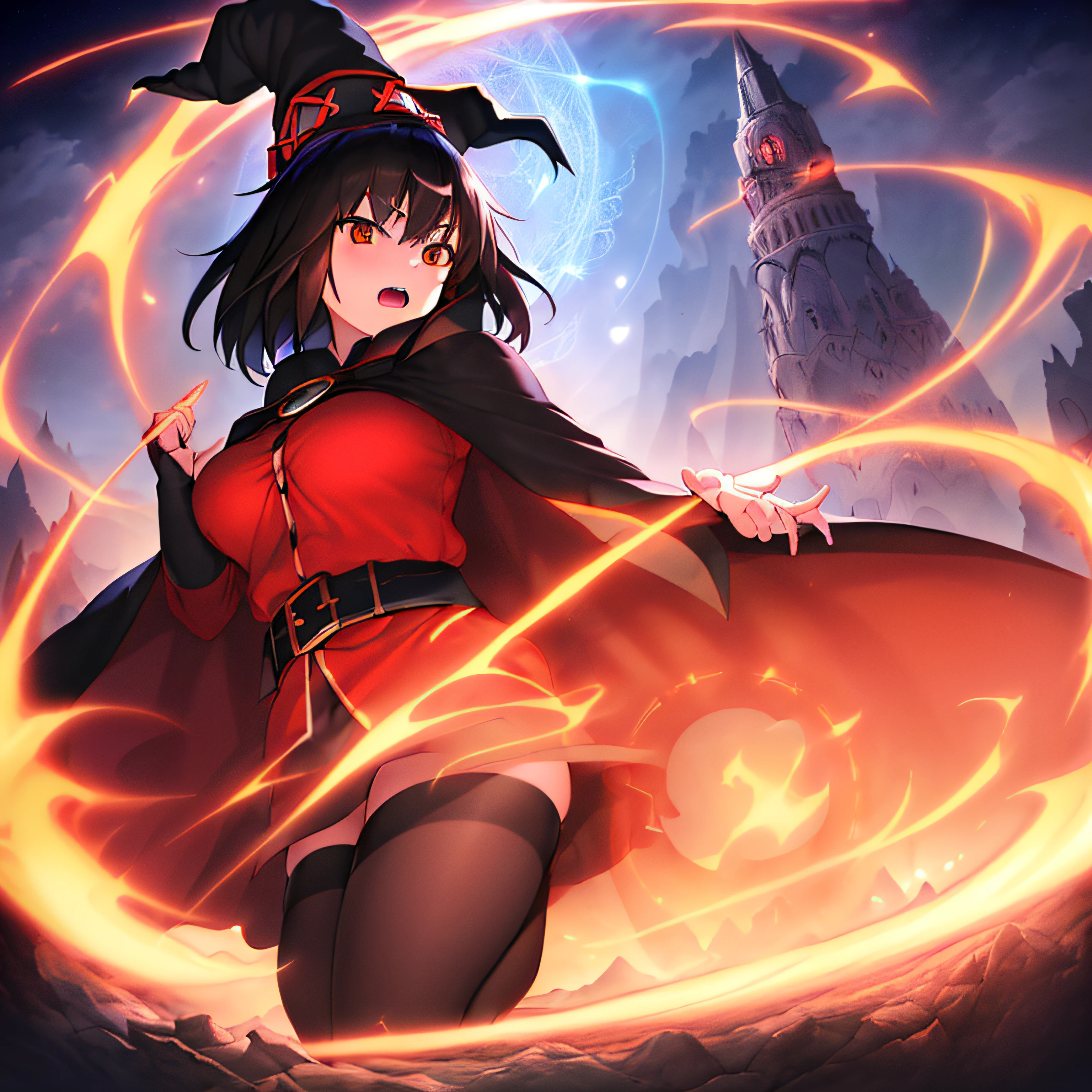 ((detail_fantacy_background), (standing_on_mountain), (building), (colorful_magic_circle), (magnificent_background), (focus_beatiful_background):1.3), (figure_far_away_from_the_viewer), (full_body), megumin(konosuba), ((red_clothes))(long_sleeve), delicate_face, detail_eyes, black_belt, black_hair, (black_legwear), black_cape, cape_collar, ((wizard_hat)), small_breast, short_hair, (brown_boots),(good_hands), (good_fingers) ,(extremely_detail:1.3), masterpiece