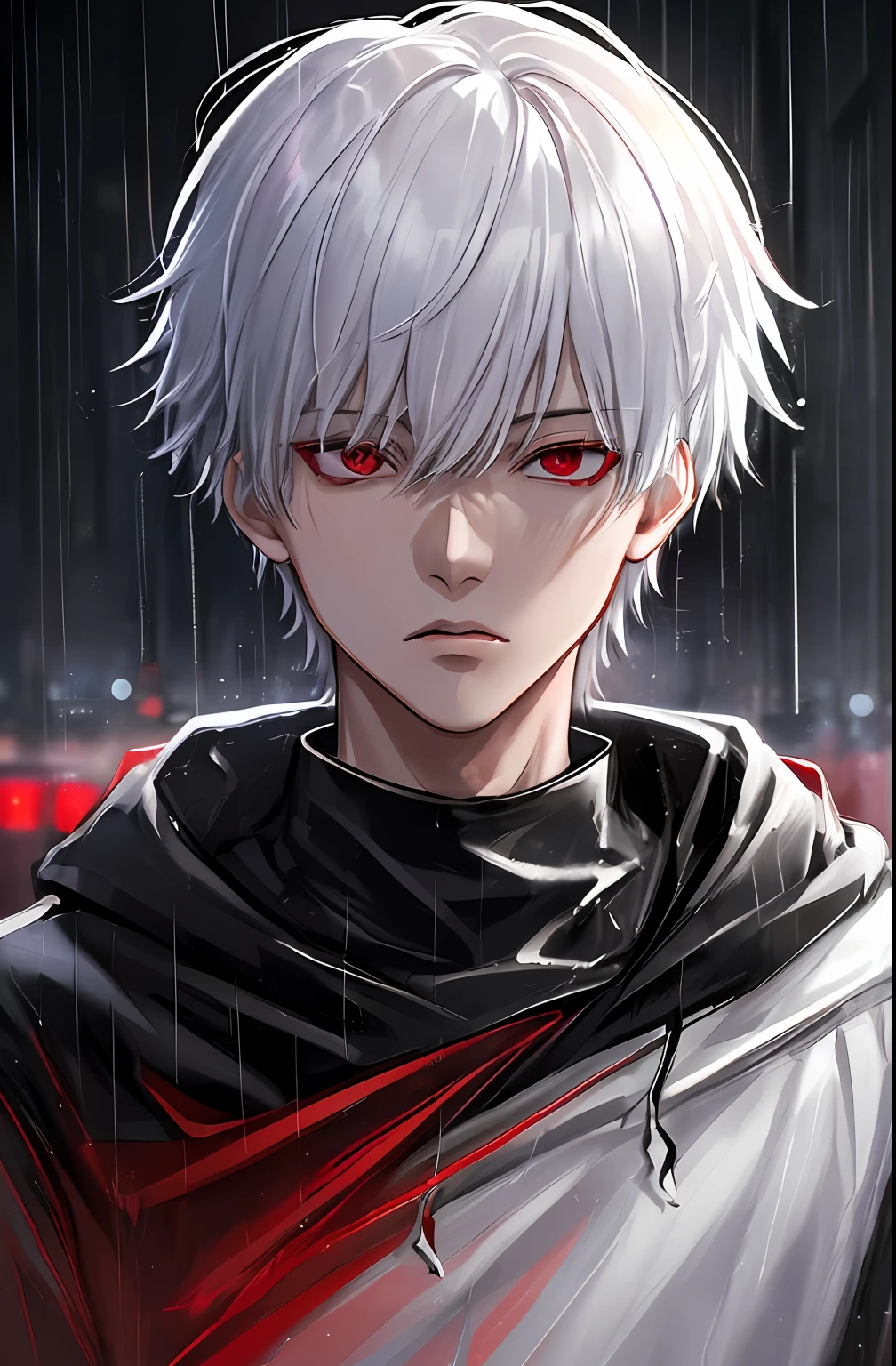 kk, best quality, more details, masterpiece, 1boy, kaneki ken, portrait, male focus, red eyes, solo, bangs, looking at viewer, hood, short hair, rain, tokyo tokyo \(city\), hood up, nail polish, white hair, luxurious, 8k, detailed, ray tracing, depth of field, cinematic lighting,