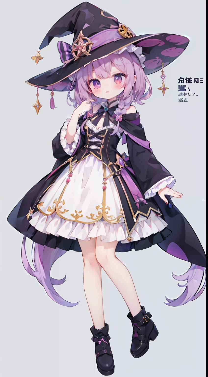 Standing Picture、full bodyesbian、​masterpiece、Top image quality、top-quality、Purple hair、witch outfit、witch's hat、Pink eyes、cute little