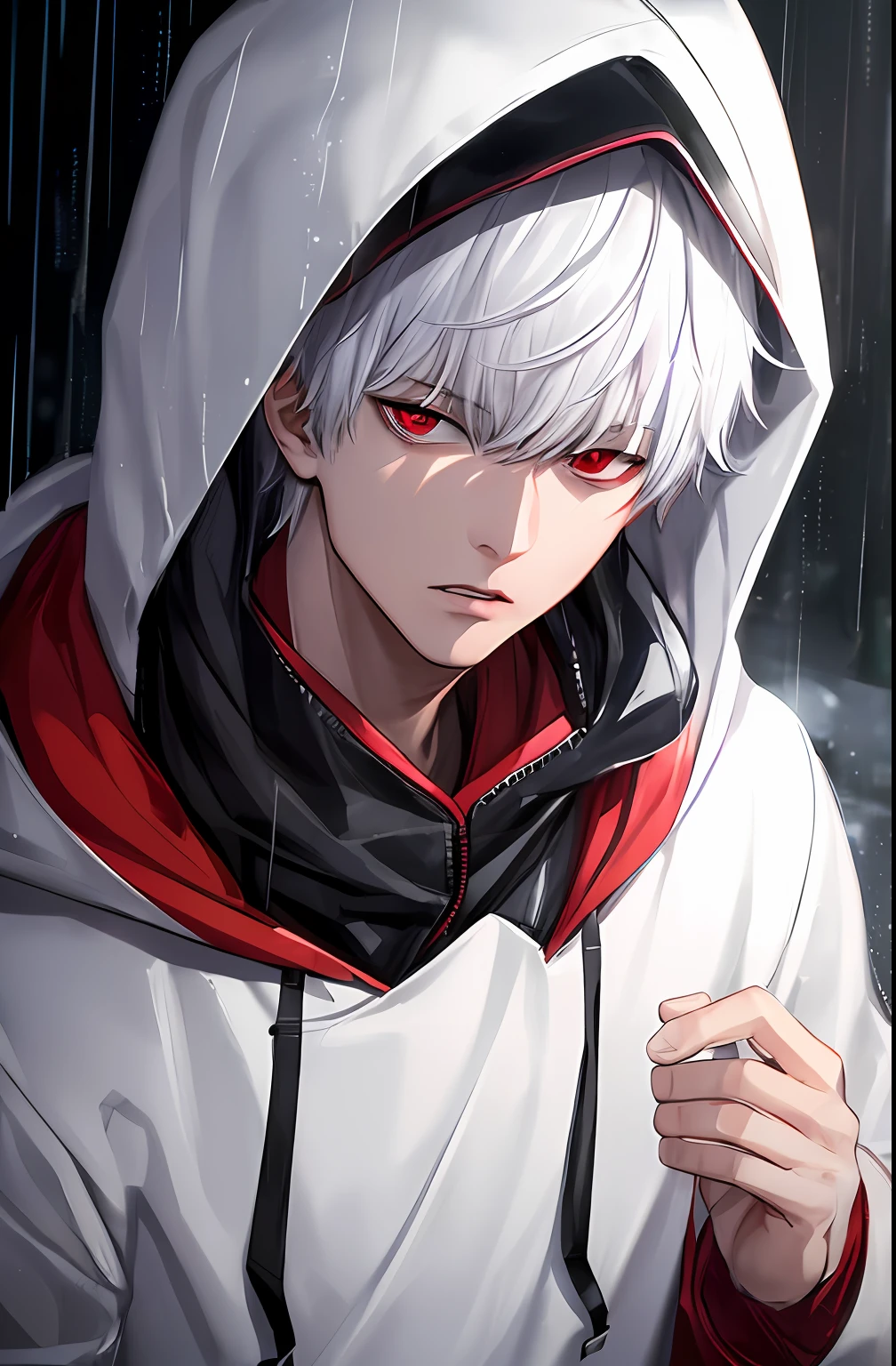 kk, best quality, more details, masterpiece, 1boy, kaneki ken, portrait, male focus, red eyes, solo, bangs, looking at viewer, hood, short hair, rain, tokyo tokyo \(city\), hood up, nail polish, white hair, luxurious, 8k, detailed, ray tracing, depth of field, cinematic lighting,