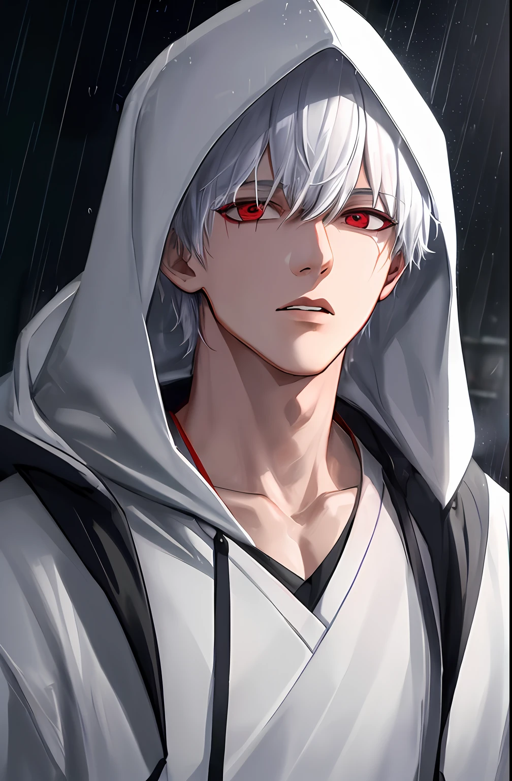 kk, best quality, more details, masterpiece, 1boy, kaneki ken, portrait, male focus, red eyes, solo, bangs, looking at viewer, hood, short hair, rain, tokyo tokyo \(city\),  hood up, nail polish, white hair, luxurious, 8k, detailed, ray tracing, depth of field, cinematic lighting,