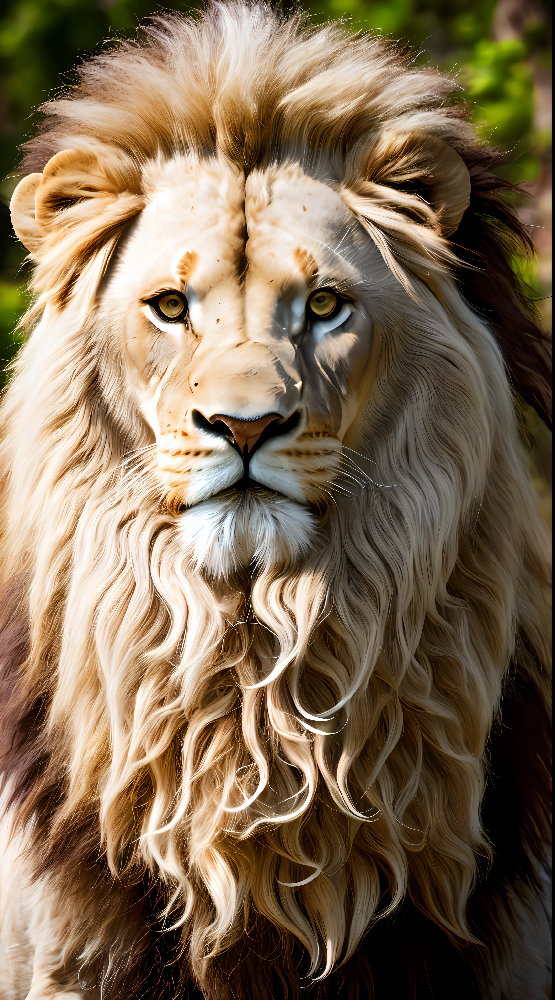a detailed RAW photo of a Lord of the Rings-style humanoid lion, on the rock, standing, imposing pose, boby, (((all boby)))), with human features, ((clear and bright eyes giving the impression of magic)),photo taken from afar, white beard, white mane, marked skin, clothes with silver and gold details, and gold and diamond crown, best quality, surreal texture, stunning quality, ultra realistic, symmetrical, flawless, ultra resolution, best aspect ratio, no zoom, realistic illustration
