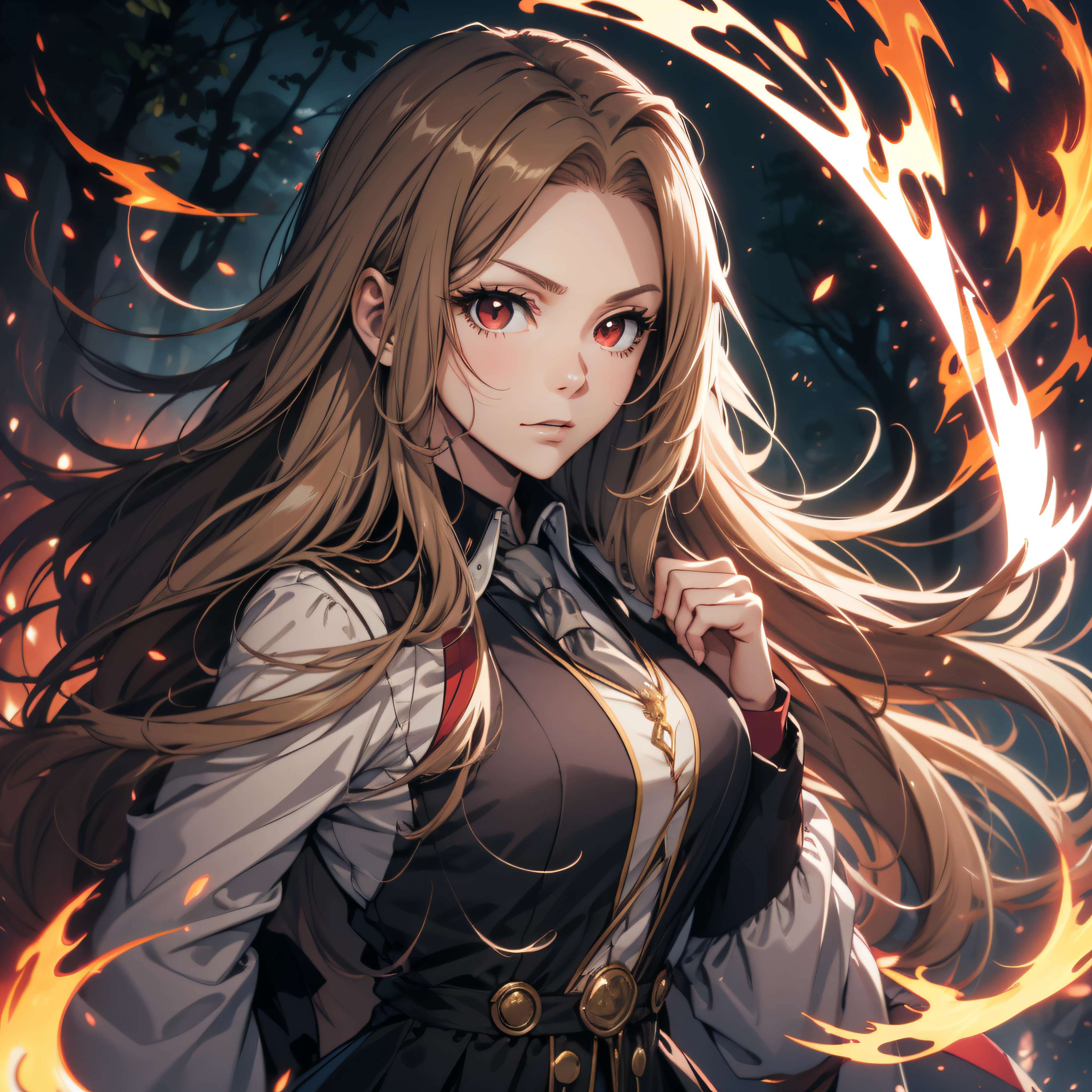 (ultra-detailed, perfect pixel, highrest, best quality), 20 years old Anime girl, smooth anime artstyle, long raven hair, slightly wavy hair, parted bangs, brown hair, gradient hair color, Magus, ((red eyes)), detailed eyes, beautiful eyes, long black coat, white shirt, ((neckwear, long tie)), black skirt, aristocrat, noble attire, beautiful, ethereal, elegant, prestigious, dark forest background, particle effect, smooth smoke effect, fire flame, lightning, magic light, standing, looking at viewer