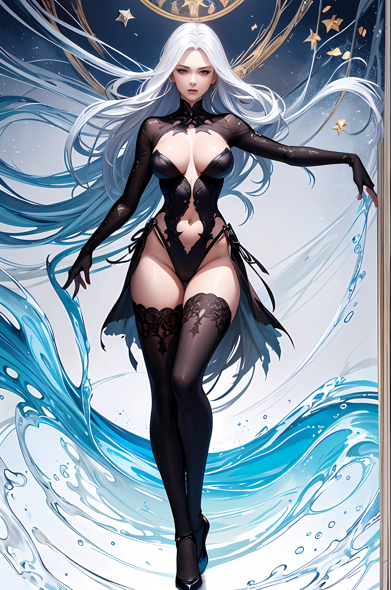 Illustration art, painting art, Whole body movement, Sexy woman in sexy clothes, Soprano Woman, Very cool facial expression, Gorgeous background, Great erotic art, painting art, Sexy art, Detailed body part details, frontage, Lateral face, on back, Inspired by J.c.Ryan Decker, Epic European and American illustrations, Tall, The whole body is evenly sexy