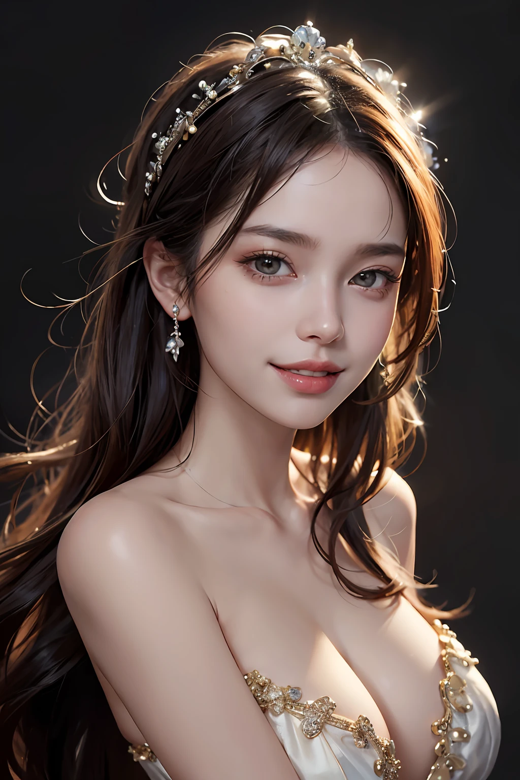 (masterpiece), (best quality), realistic, photorealism, 1girl, beautiful girl, perfect face, smile, portrait, stunning beauty, studio light, sexy, bare shoulders