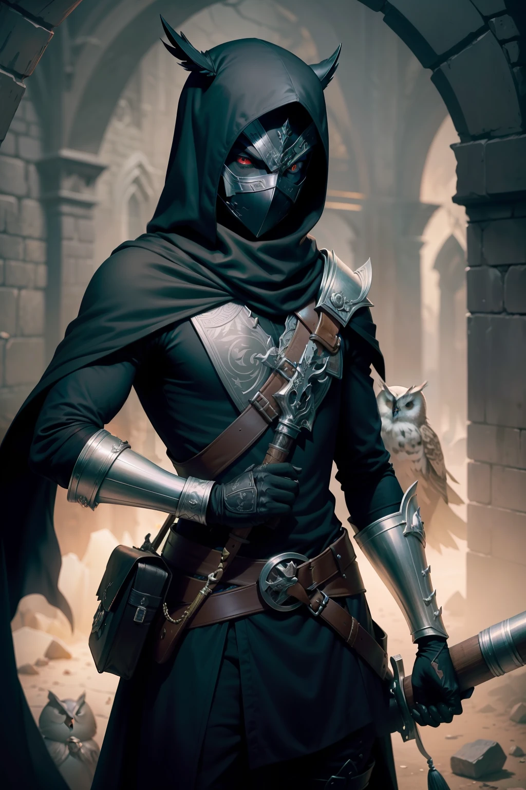 elf thief with musket wearing black clothing with silver accents, an M on his chest making a visual play to look like an owl's face, and a mask in the shape of an owl tearing shroud