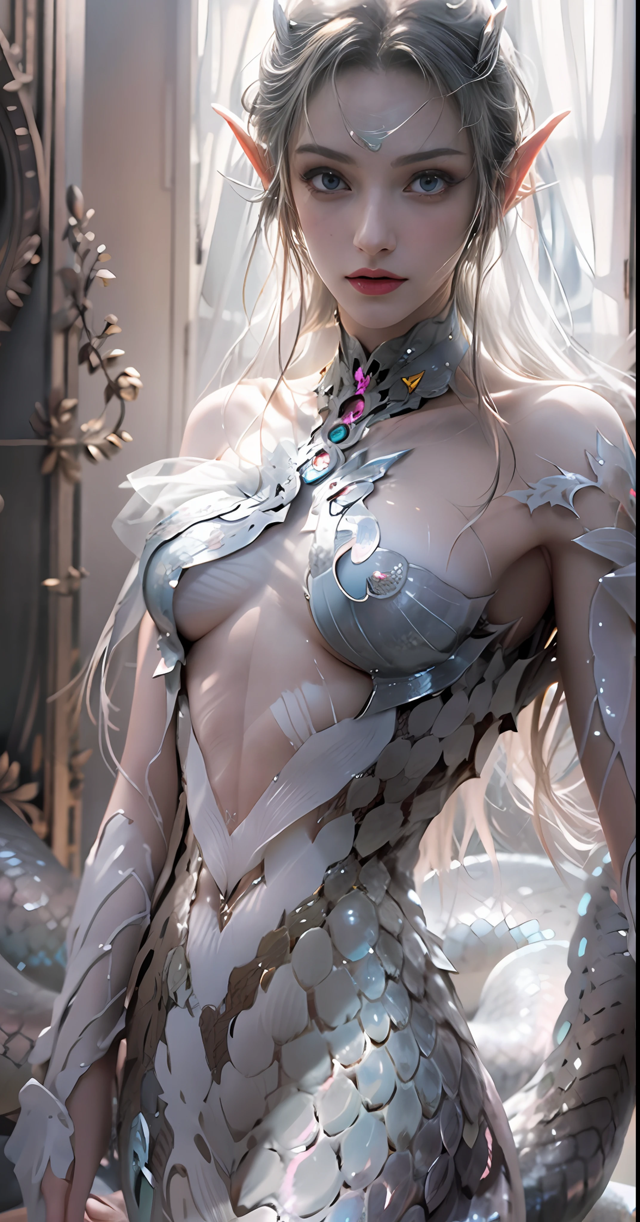 Dark environment，Elven beauty covered in white scales，(mermaid:1.2), (Elongated snake tail:1.3)，8K  UHD，RAW photo，(White scales)，(Real Human:1.3)，(A high resolution:1.4)，(A detailed:1.5)，(photorealestic:1.7)，RAW photo，Portrait Photogram，Realistic scales，cabellos largos dorados，Skin is delicate and smooth，Large chest and thin waist，background is simple，RAW photo，超A high resolution，Foto realism，best qualtiy，(highdetailskin，skin detailed)，Visible Pore，Shiny skin，tmasterpiece，finedetail，Colorization，Extremely Delicately Beautiful，Extremely detailed 8k wallpaper，8K high quality，Digital SLR，Snake man with beautiful details，(looking at viewert)，professional photograph lighting，Faraway view，full bodyesbian