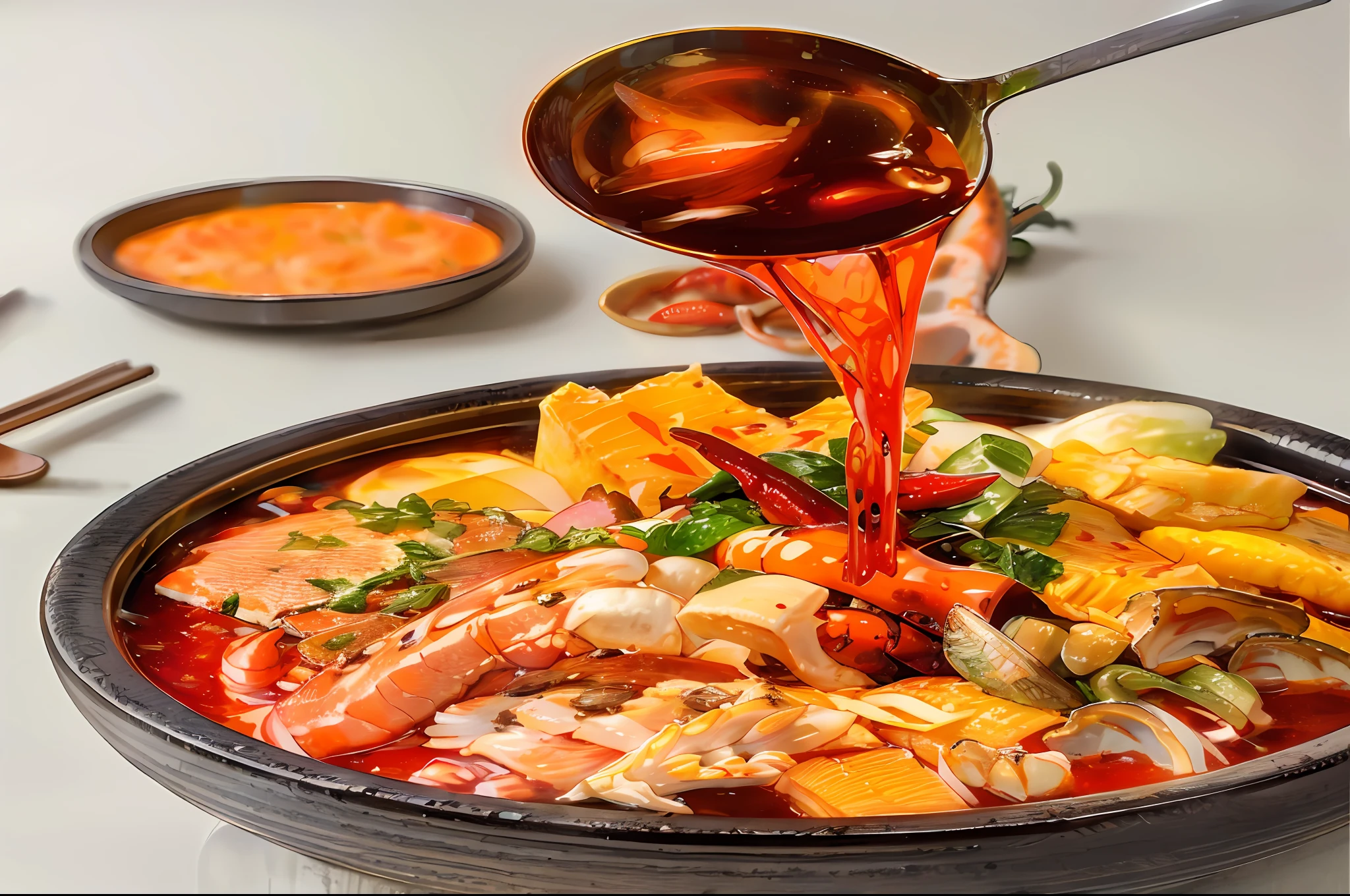 Close-up Sichuan hot pot、Boston lobster、salmon、Red oil、crayfish、Green peppercorns、Mint leaves,Flower nails、chili pepper、vegetable、Chinese cabbage、Tofu bubbles , Super realistic food pictures, full subject shown in photo, A spoon is pouring red oil into the bowl,Randy Post, hyper realistic ", hyper realistic", high res photo