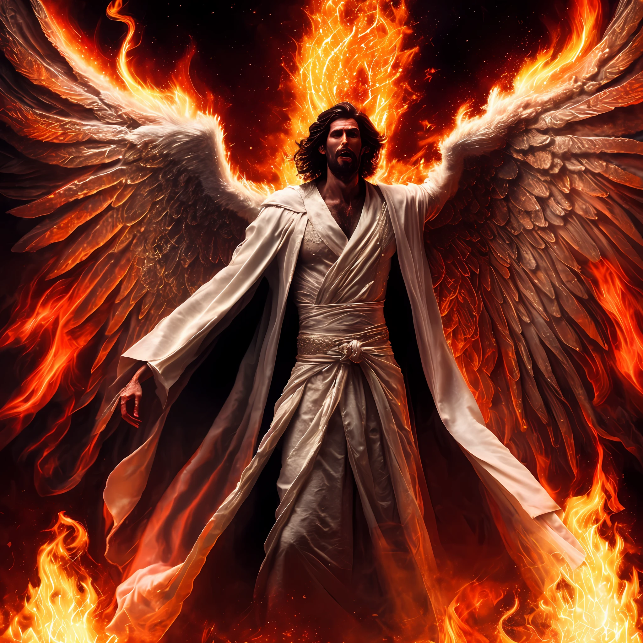 Masterfully captured with a Canon EOS 5D Mark IV, a grand tableau of cosmic struggle. Centered is a man in a white robe (profoundly detailed texture:1.3), illuminated brilliantly against the stark contrast of the scene. To his side, a radiant angel in white, inspired by Ahmed Karahisari's unique stylistic artistry (tumblr digital art:1.4). They are positioned within the turbulent battlefield of Heaven and Hell. Hellfire rages in the background, intensifying the dramatic atmosphere, capturing Satan and Jesus Christ in a fierce confrontation. Also featured is the imposing 'Great Door of Hell', a potent symbol of the infernal realm. This epic scene is brought to life through realistic lighting and dynamic shadows, manifesting the holy fire spell art in its raw power.