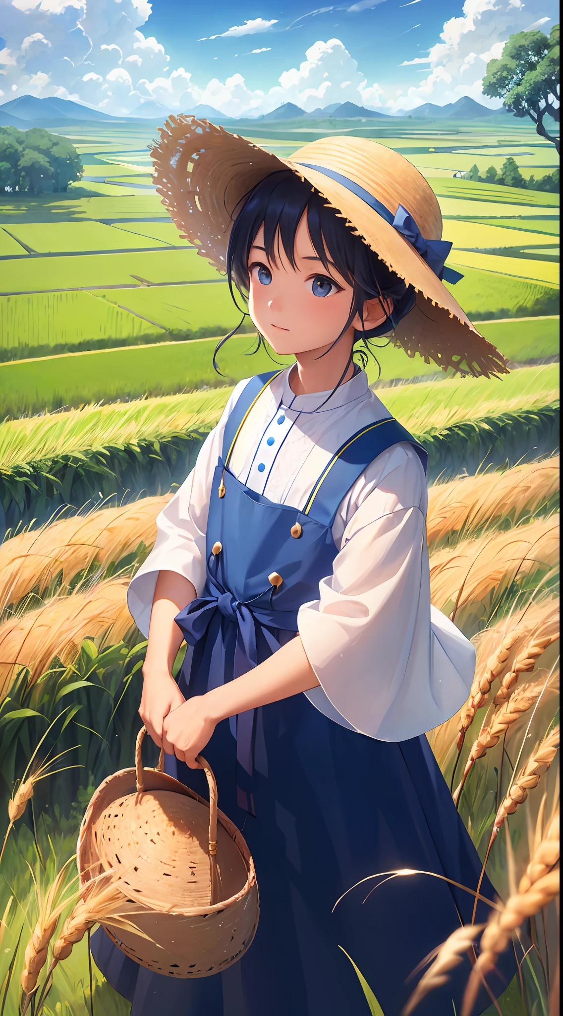 A peasant uncle with a straw hat stands in a wheat field, big clouds, blue sky, rice field, neat rice seedlings in the field, forest, hillside, secluded, countryside, HD detail, hyperdetail, cinematic, surrealism, soft light, deep field focus bokeh, ray tracing and surrealism. --v6