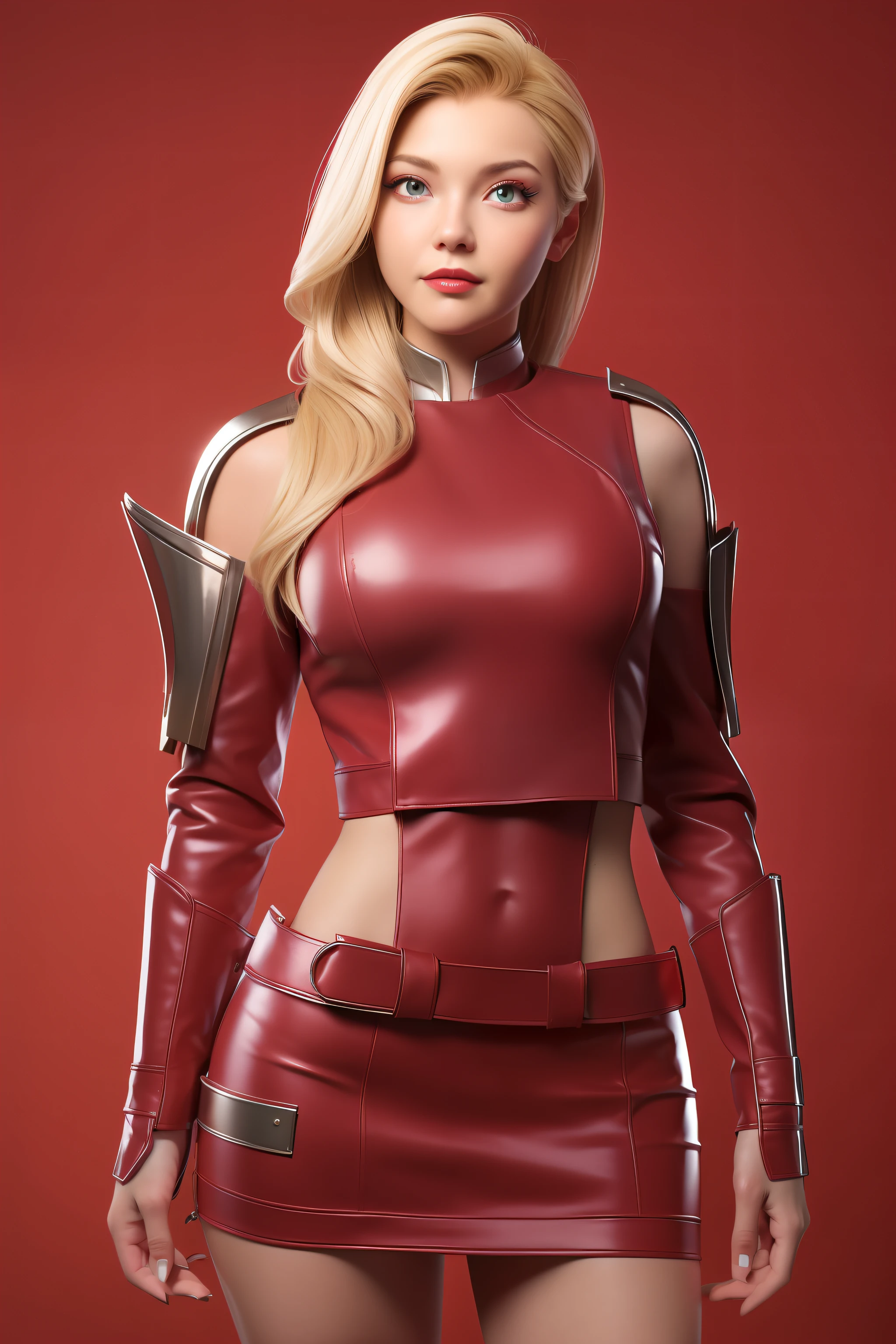 Beautiful Face Woman、a blond、a miniskirt、Bright red background、 Beautuful Women、18year old、prety woman、hyper realistic photography、High-definition photos、red lipsticks、Mandalorian Style Metal Armor Skirt Suit、big eye、The skin is not very exposed、Do not cut your head off the screen、Skirt without slit