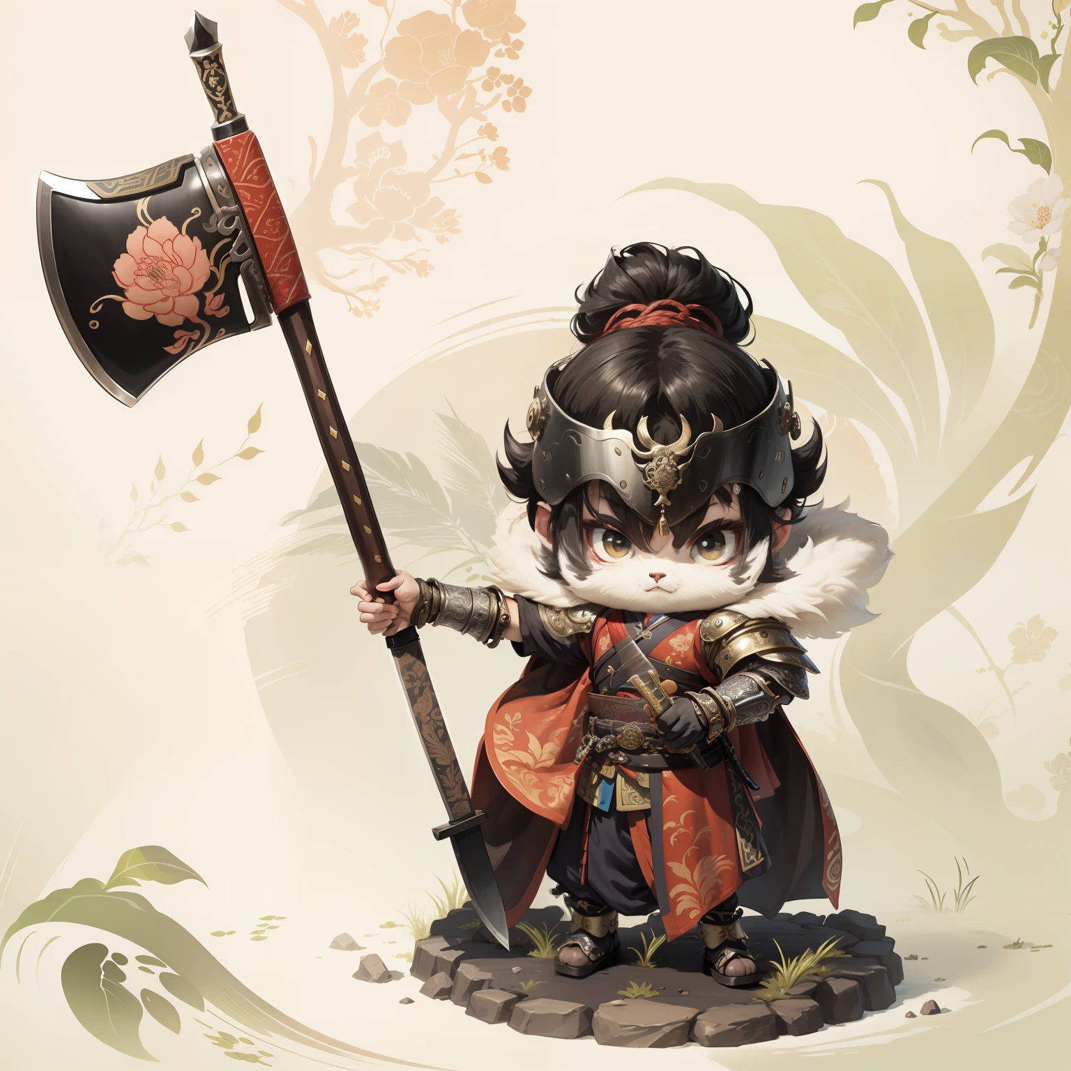 male people,Male characters,tchibi,Bad,Arms,Axe weapons,Ancient Chinese weapons,The handle has a delicate pattern,Shoulder blades,metal breastplate,chainmail,Animal pattern cuirass,chest plate,Bracers,Flowing hem,China-style,Chinese-style clothing,Chinese shoes,There are beautiful patterns on the weapon grips,Refinement,Fine painting,Refinement,infinite details,high definition detail,Patterned,Pattern,Blank background,Bright colors,Metal edging