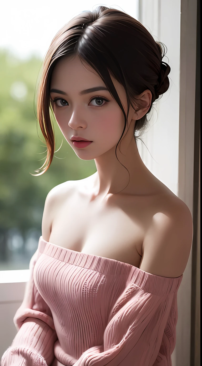 Best Quality, Masterpiece, Ultra High Resolution, (Realisticity: 1.4), Original Photo, 1girl, Pink Off-the-Shoulder, Cinematic Lighting