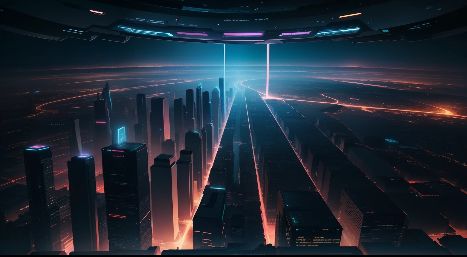 cloud computing made of electronic circuits on top of a futuristic cyberpunk city seen in the distance on the horizon colorful lights come out of the ground and touch the sky 8k, HDR, high quality, sharp photo, fujifilm XT3