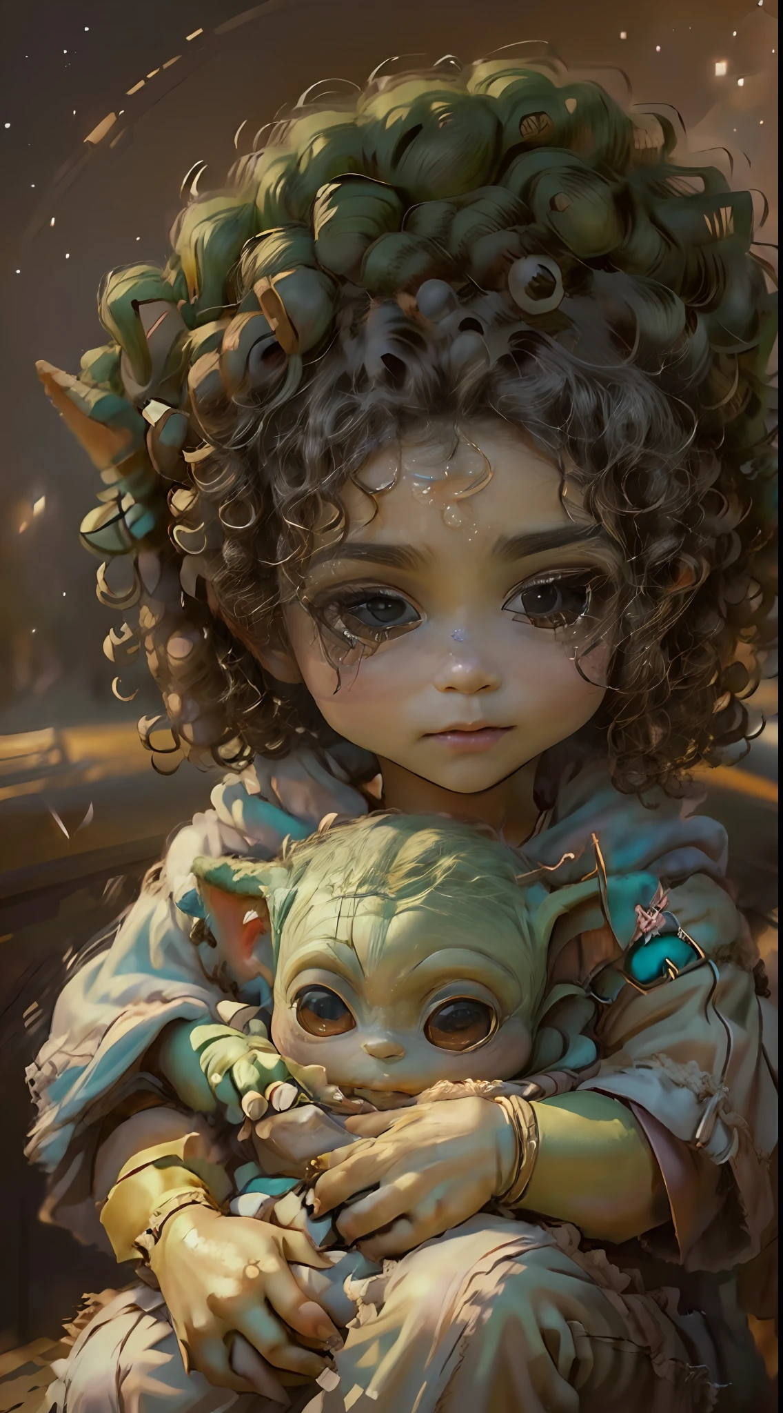 um desenho 3D, ((a beautiful little human girl with curly hair holding a baby_Yodah on his lap), Arte Digital, extremely high-resolution, Very detailed, melhor qualidade, obra prima, arte conceitual, guerra nas estrelas.