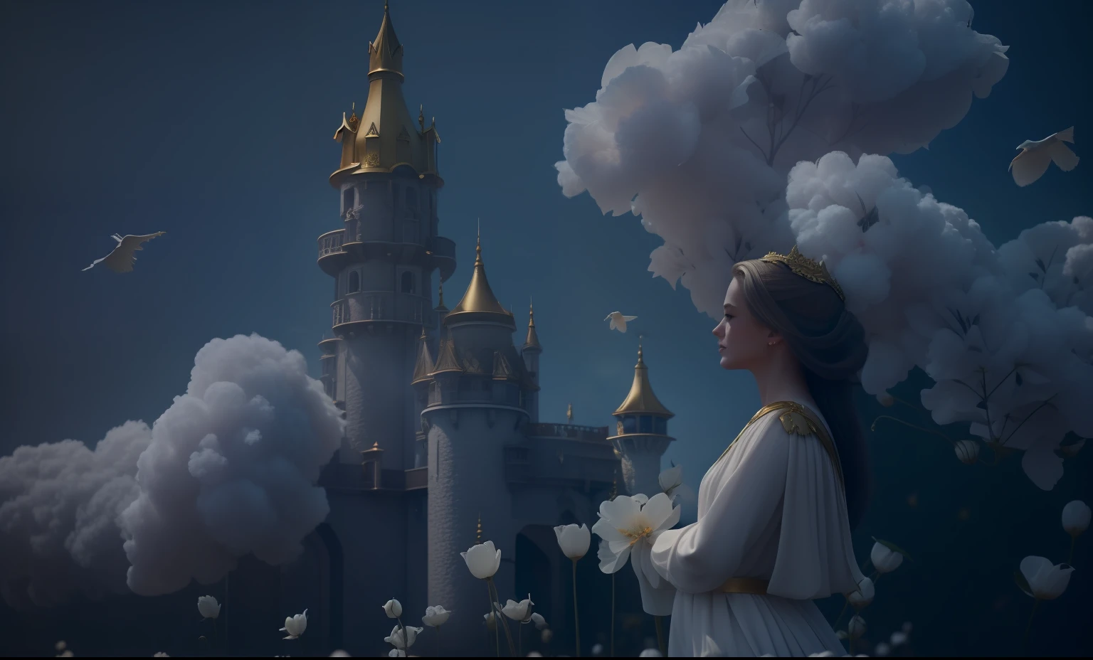Flowers like castles from a golden spring tower over a beautiful Lady fare, in the spring of eternal youth she bathes her alabaster form to a symphony of trumpeter swans the flay in the sunbeam shy of assure and cotton cloud A extreme 90 meters long shot octane render, high quality hyperdetailed 24k photorealistic