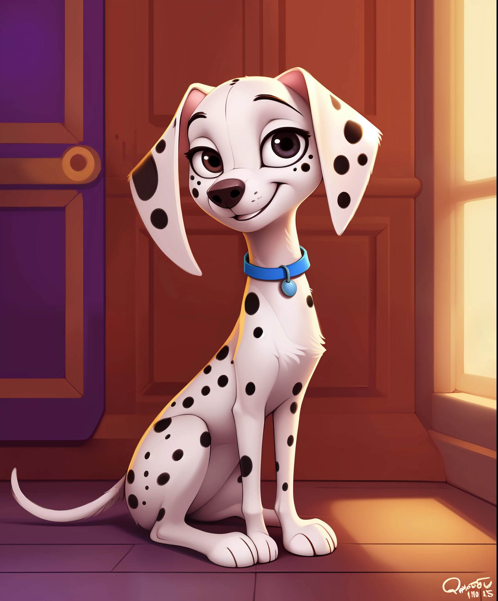 (feral:1.2), (solo) female, detailed, (dolly (101 dalmatians)), sitting, home interior, smile
cartoon, vector art, by qupostuv35, by siroc, by photonoko, by personalami, by f-r95, by diives