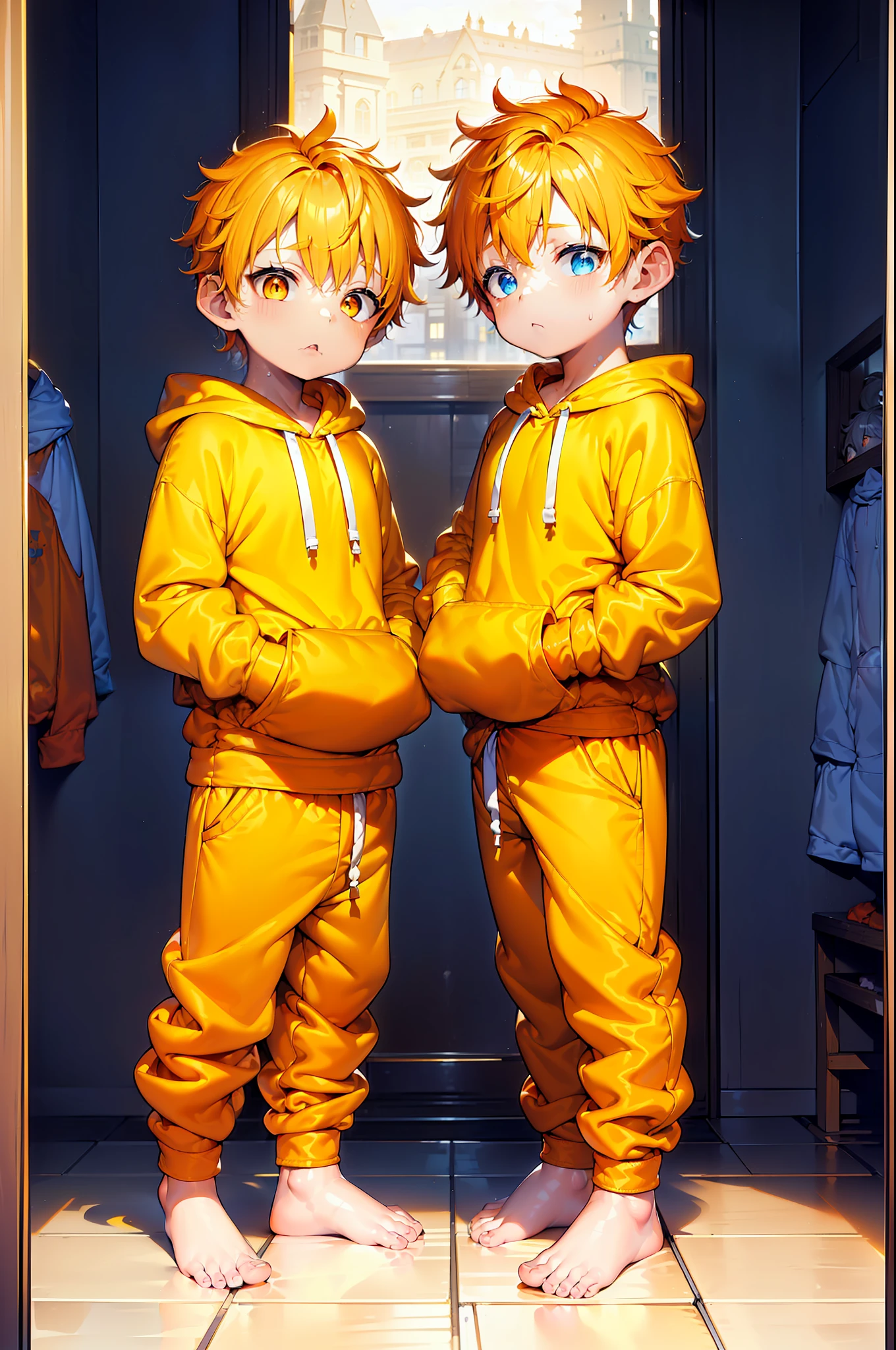 1  with Orange colored hair and shiny, glowing cyan eyes and barefoot and small feet, who wear a yellow oversized hoodie and sweatpants, die auf einem Fenstersims sitzen, flush, Jung, Junge, Kind, klein, Kleinkind, tiny feet, (Jogginghose:1.4), (Jung:1.4), (Kind:1.4), (Shota:1.4), (Kapuzenpullover:1.4),