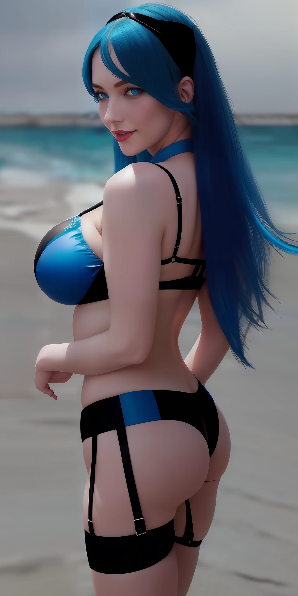 (rear view:1.2) (spoiled:1),(beady big shining blue eyes:1.3), ( black bikini:1.5),(drooping eyes:1.4), (beautiful beach:1.9), (thin lips:1.5),(big breasts:1.5),round face,(innocent:1.5),(blue hair:1.5), (looking at viewer:1),(smiling:1.3),(happy:1.2),lovely,( black garter belt:1.5),(1girl),(open mouth:1.4),(delicate touch),(8k),(4k),(absurdres),perfect lighting,charming,realistic,sexy pose, alluring, clean, beautiful face, pure face,pale skin,wet, sweat, Occidental face