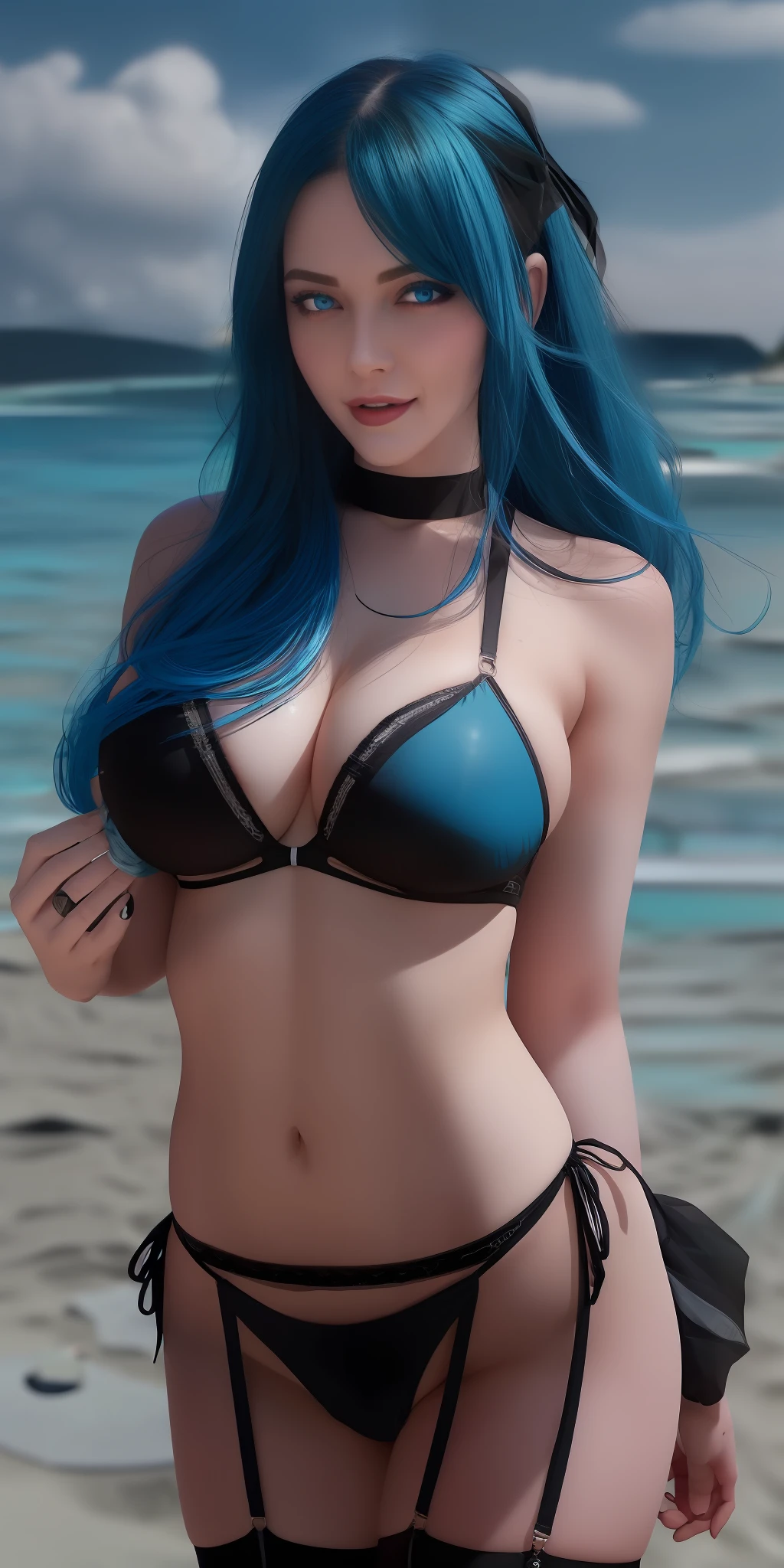 (rear view:1.2) (spoiled:1),(beady big shining blue eyes:1.3), ( black bikini:1.5),(drooping eyes:1.4), (beautiful beach:1.9), (thin lips:1.5),(big breasts:1.5),round face,(innocent:1.5),(blue hair:1.5), (looking at viewer:1),(smiling:1.3),(happy:1.2),lovely,( black garter belt:1.5),(1girl),(open mouth:1.4),(delicate touch),(8k),(4k),(absurdres),perfect lighting,charming,realistic,sexy pose, alluring, clean, beautiful face, pure face,pale skin,wet, sweat, Occidental face