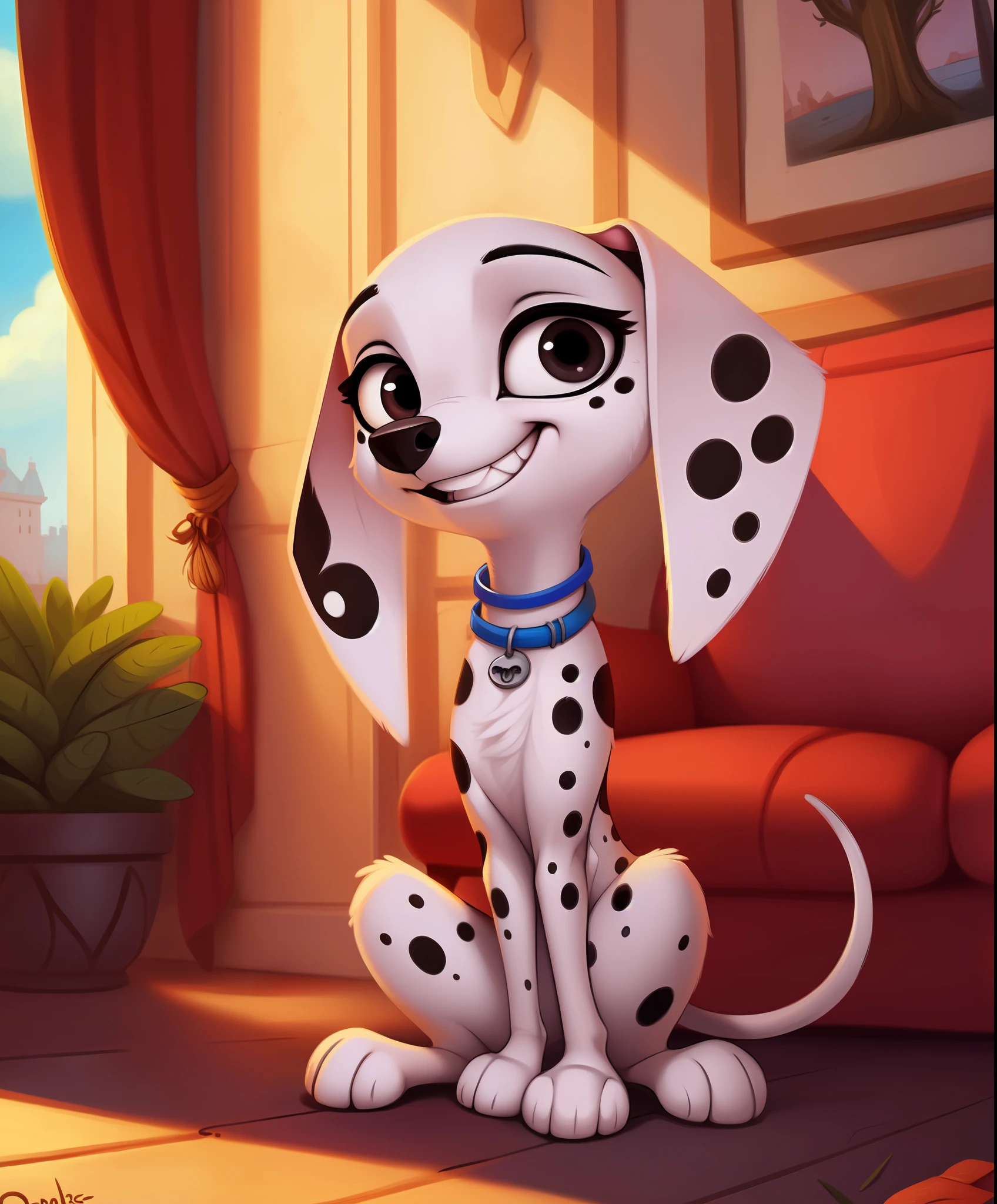 (feral:1.2), (solo) female, detailed, (dolly (101 dalmatians)), sitting, home interior, smile
cartoon, vector art, by qupostuv35, by siroc, by photonoko, by personalami, by f-r95, by diives