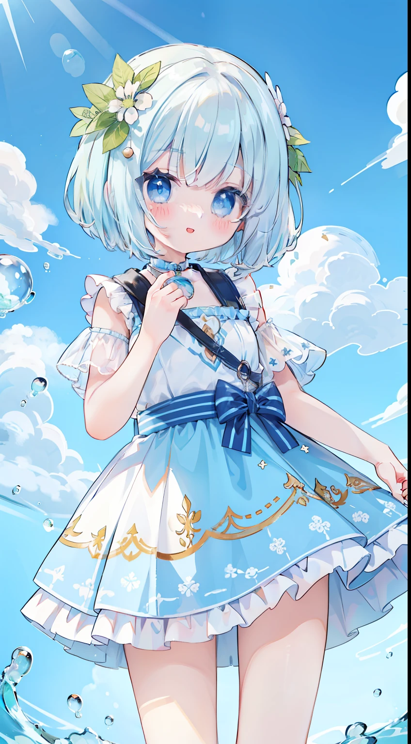 One girl、​masterpiece、top-quality、Light blue bar ice、Top image quality、blue-sky、beautiful blue sky、Into the cloud、silber hair、bob cuts、blue eyess、smil、Air bubble、splash water、Looking at the camera、Summer light