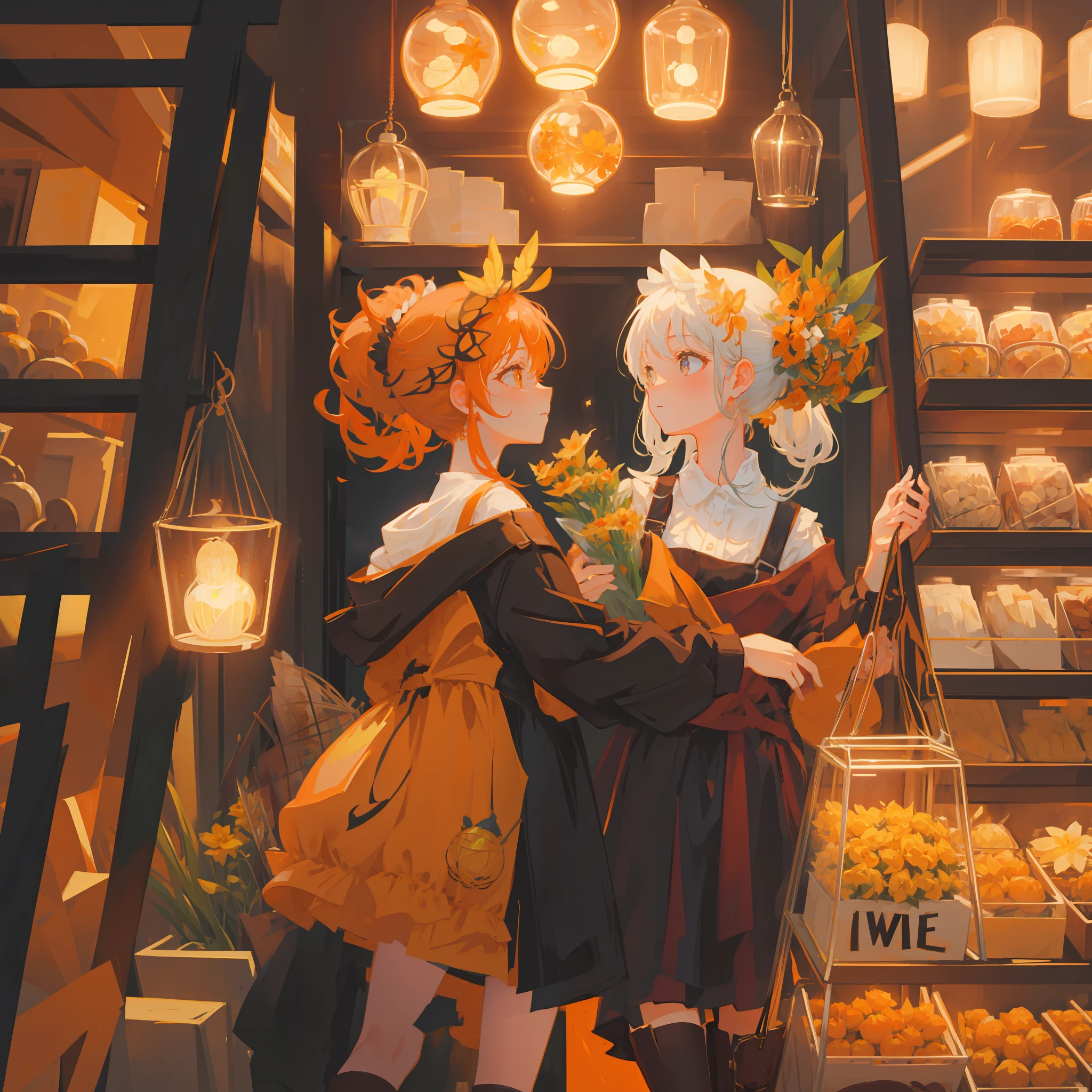 Orange ponytail,Flower shop,Metal birdcage,butterflys,girl,The upper part of the body,Movie lighting,k hd,HD