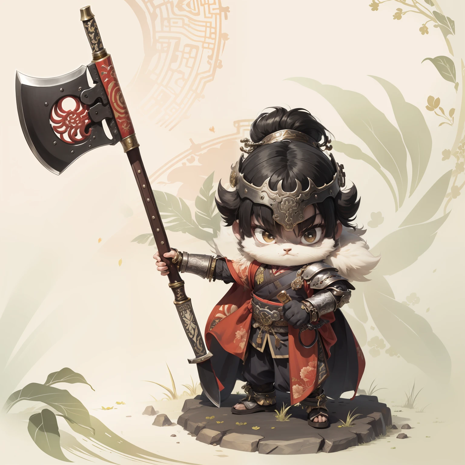 male people,Male characters,tchibi,Bad,Arms,Axe weapons,Ancient Chinese weapons,The handle has a delicate pattern,Shoulder blades,metal breastplate,chainmail,Animal pattern cuirass,chest plate,Bracers,Flowing hem,China-style,Chinese-style clothing,Chinese shoes,There are beautiful patterns on the weapon grips,Refinement,Fine painting,Refinement,infinite details,high definition detail,Patterned,Pattern,Blank background,Bright colors,Metal edging