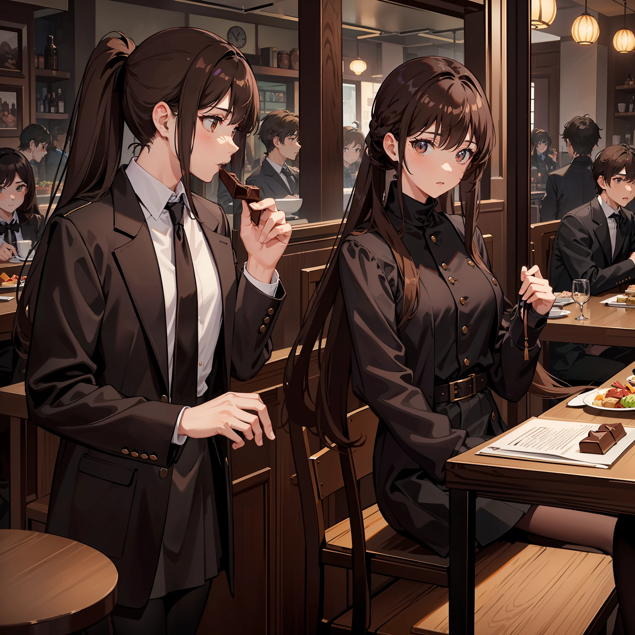 Masterpiece, Best quality, A high resolution, A high school girl wears a long ponytail,Chocolate colored hair,Wearing a black vest,Brown coat,Short brown skirt,Being in a restaurant and with brown hair,Brown coat,Boys in black pants eating together,Sit face to face。