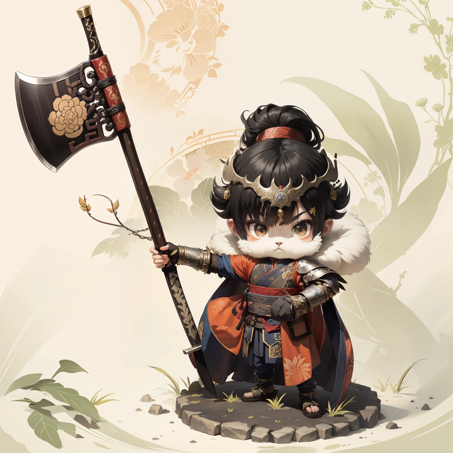 male people，Male characters，tchibi，Bad，Arms，Axe weapons，Ancient Chinese weapons，The handle has a delicate pattern，Shoulder blades，metal breastplate，chainmail，Animal pattern cuirass，chest plate，Bracers，Flowing hem，China-style，Chinese-style clothing，Chinese shoes，There are beautiful patterns on the weapon grips，Refinement，Fine painting，Refinement，infinite details，high definition detail，Patterned，Pattern，Blank background，Bright colors，Metal edging