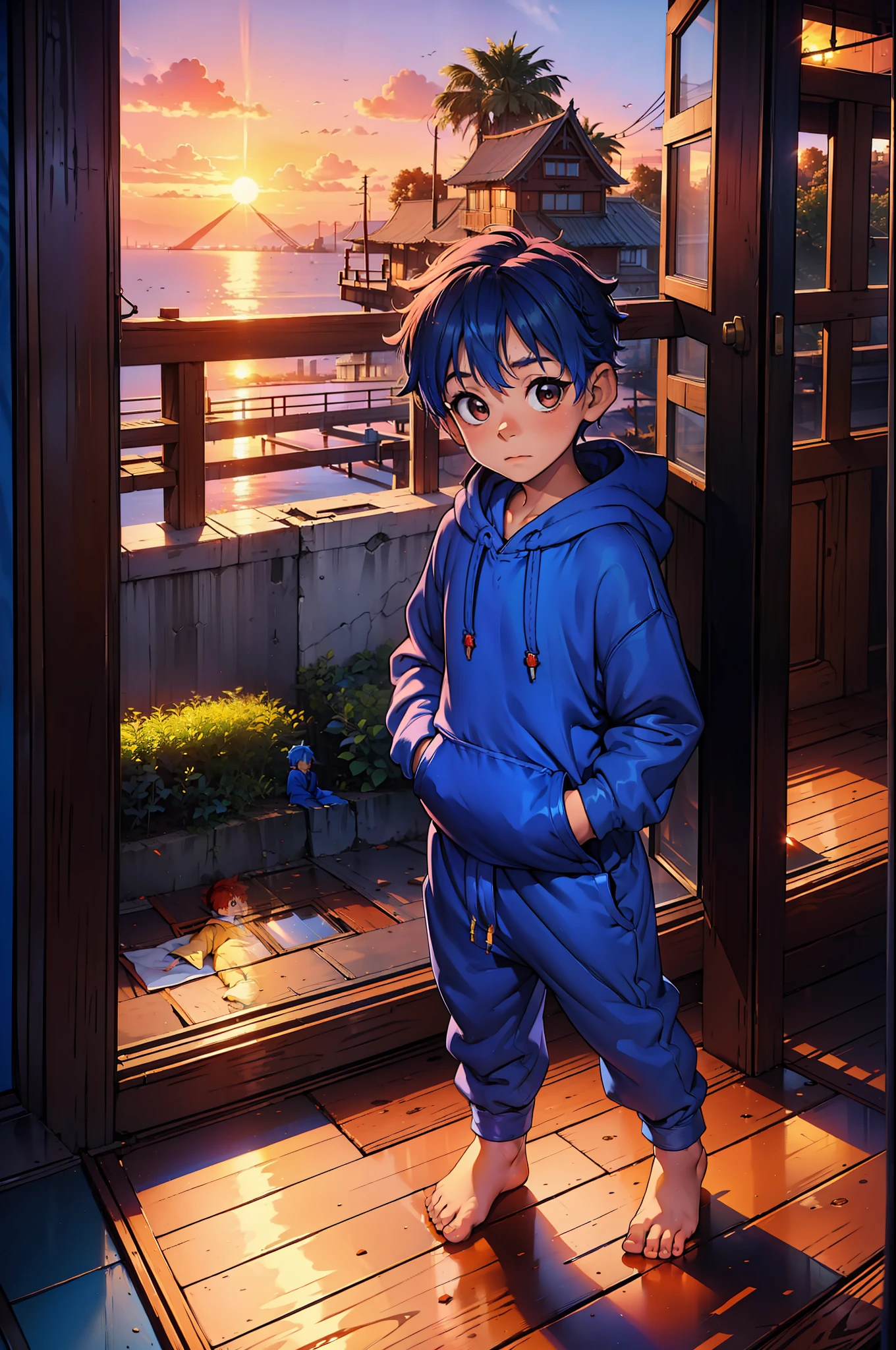 1  with royal blue colored hair and shiny, glowing red eyes and barefoot and small feet, who wear a yellow oversized hoodie and sweatpants, die auf einem Fenstersims sitzen, flush, Jung, Junge, Kind, klein, Kleinkind, tiny feet, (Jogginghose:1.4), (Jung:1.4), (Kind:1.4), (Shota:1.4), (Kapuzenpullover:1.4), (sunset:1.4),