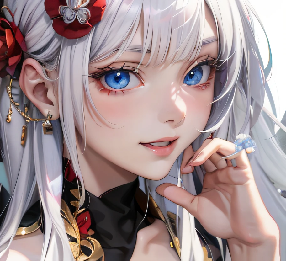 Anime girl with white hair and blue eyes，There are red flowers on the hair, White-haired god, detailed portrait of an anime girl, Detailed digital anime art, a beautiful anime portrait, Stunning anime face portrait, portrait anime girl, White-haired, Portrait of an anime girl, Perfect white haired girl, anime portrait, detailed anime art, Art germ. High detail