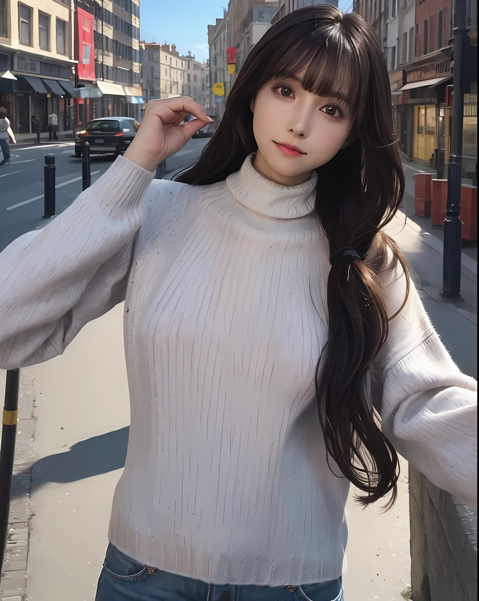 best quality, photorealistic, 8k, high res, 1girl, woman, (skindentation), (portrait:0.6), ((cityscapebackground:1.52)), full color, ((smallsize round breast, highneck sweater:1.5)), straight-looking at viewer:1.8, (1girl eyes looking at viewer:1.45, medium-length hair, blackhair, partedbangs:1.45), (bokeh),
