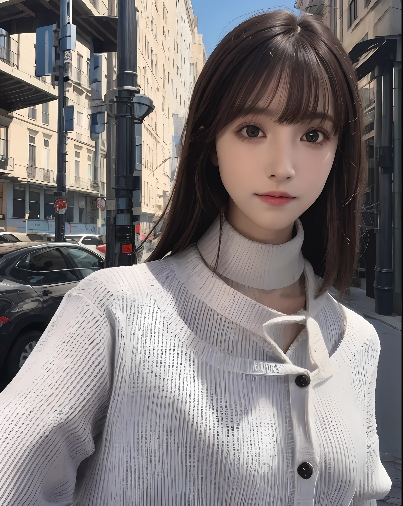 best quality, photorealistic, 8k, high res, 1girl, woman, (skindentation), (portrait:0.6), ((cityscapebackground:1.52)), full color, ((smallsize round breast, highneck sweater:1.5)), straight-looking at viewer:1.8, (1girl eyes looking at viewer:1.45, medium-length hair, blackhair, partedbangs:1.45), (bokeh),