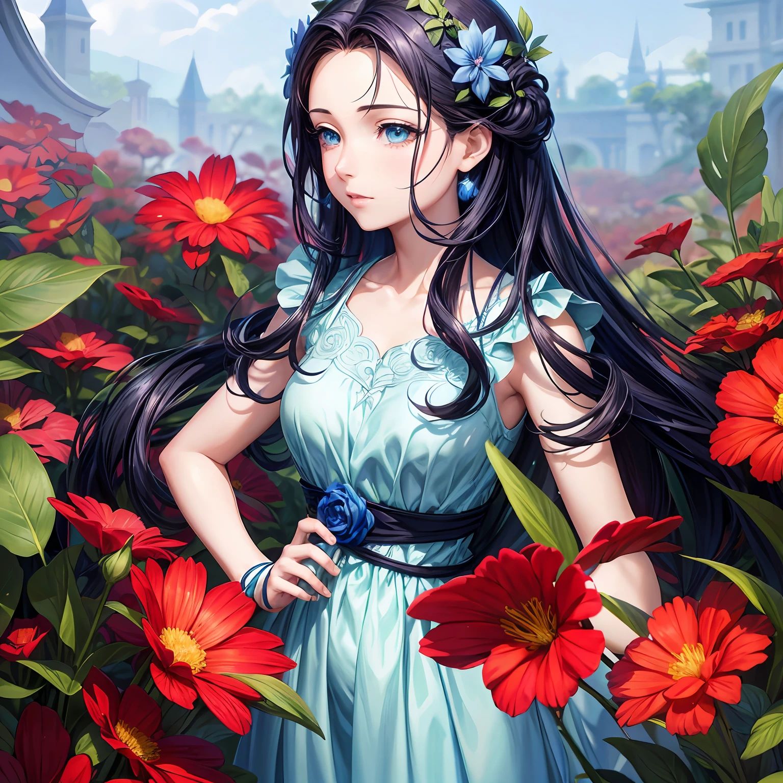 1garota, cabelos pretos, vestido azul, jardim de flores, arte de anime digital detalhada, anime fantasy illustration, arte de anime digital, Digital anime illustration, anime-style illustration, perfect eyes, realistic eyes, Beautiful eyes, beautiful lighting, warm ilumination, Film shooting