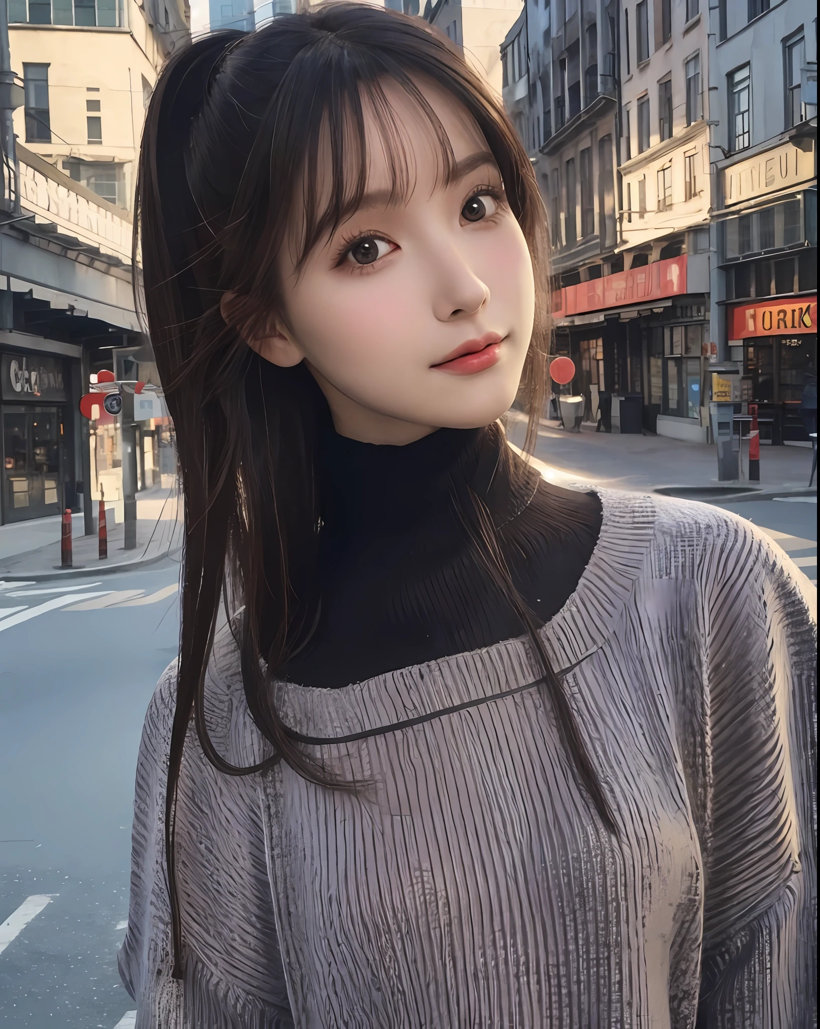 best quality, photorealistic, 8k, high res, 1girl, woman, (skindentation), (portrait:0.6), ((cityscapebackground:1.52)), full color, ((smallsize round breast, highneck sweater:1.5)), straight-looking at viewer:1.8, (1girl eyes looking at viewer:1.45, medium-length hair, blackhair, partedbangs:1.45), (bokeh),