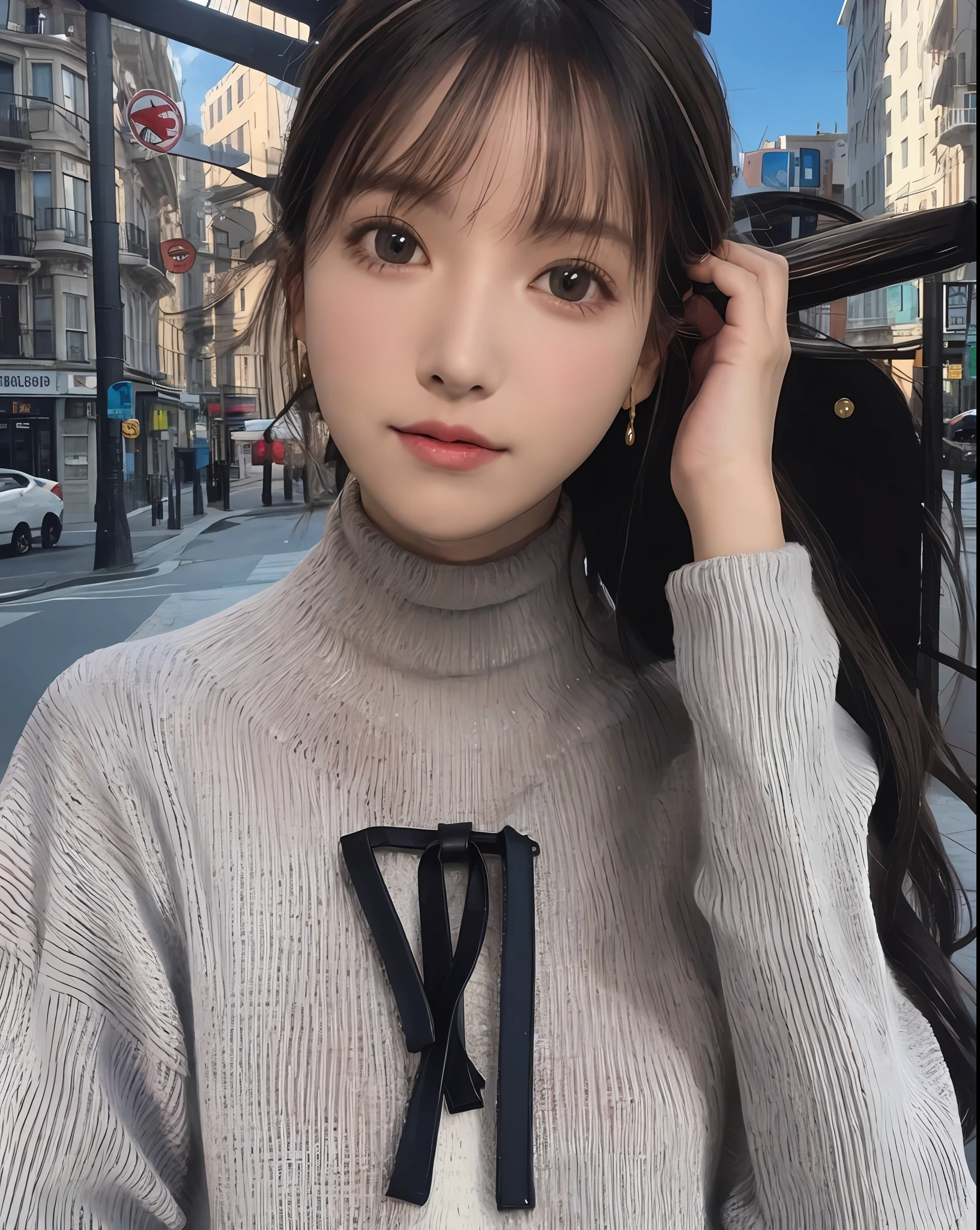 best quality, photorealistic, 8k, high res, 1girl, woman, (skindentation), (portrait:0.6), ((cityscapebackground:1.52)), full color, ((smallsize round breast, highneck sweater:1.5)), straight-looking at viewer:1.8, (1girl eyes looking at viewer:1.45, medium-length hair, blackhair, partedbangs:1.45), (bokeh),