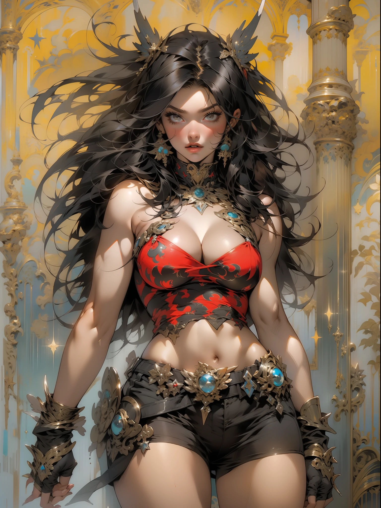 (((mulher))), (((melhor qualidade))), (((obra prima))), (((adulta))), Uma guerreira mulher de 35 anos com corpo perfeito, She-Lobo, (( under boobs )), quase nua no estilo selvagem urbano de Simon Bisley para a capa da revista Heavy Metal, cabelo loiro, Minimum clothing, armadura (vermelho escuro com estrelas brancas), cheio de pontas e rebites manchadas de tinta, tatuagem de estrelas de 5 pontas, (((corpo inteiro))), cabelo preto curto com franja branca cobrindo a testa