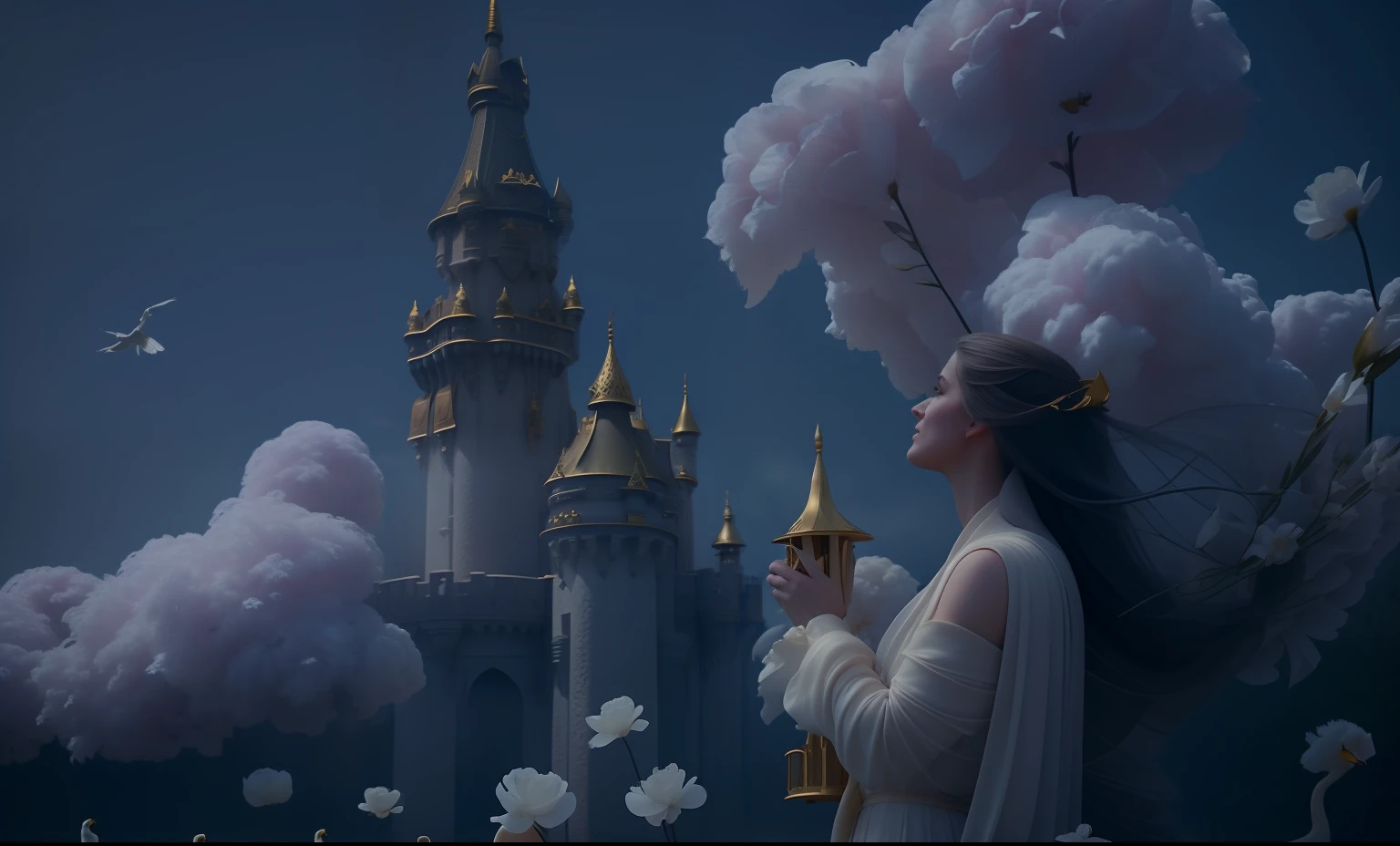 Flowers like castles from a golden spring tower over a beautiful Lady fare, in the spring of eternal youth she bathes her alabaster form to a symphony of trumpeter swans the flay in the sunbeam shy of assure and cotton cloud A extreme 90 meters long shot octane render, high quality hyperdetailed 24k photorealistic