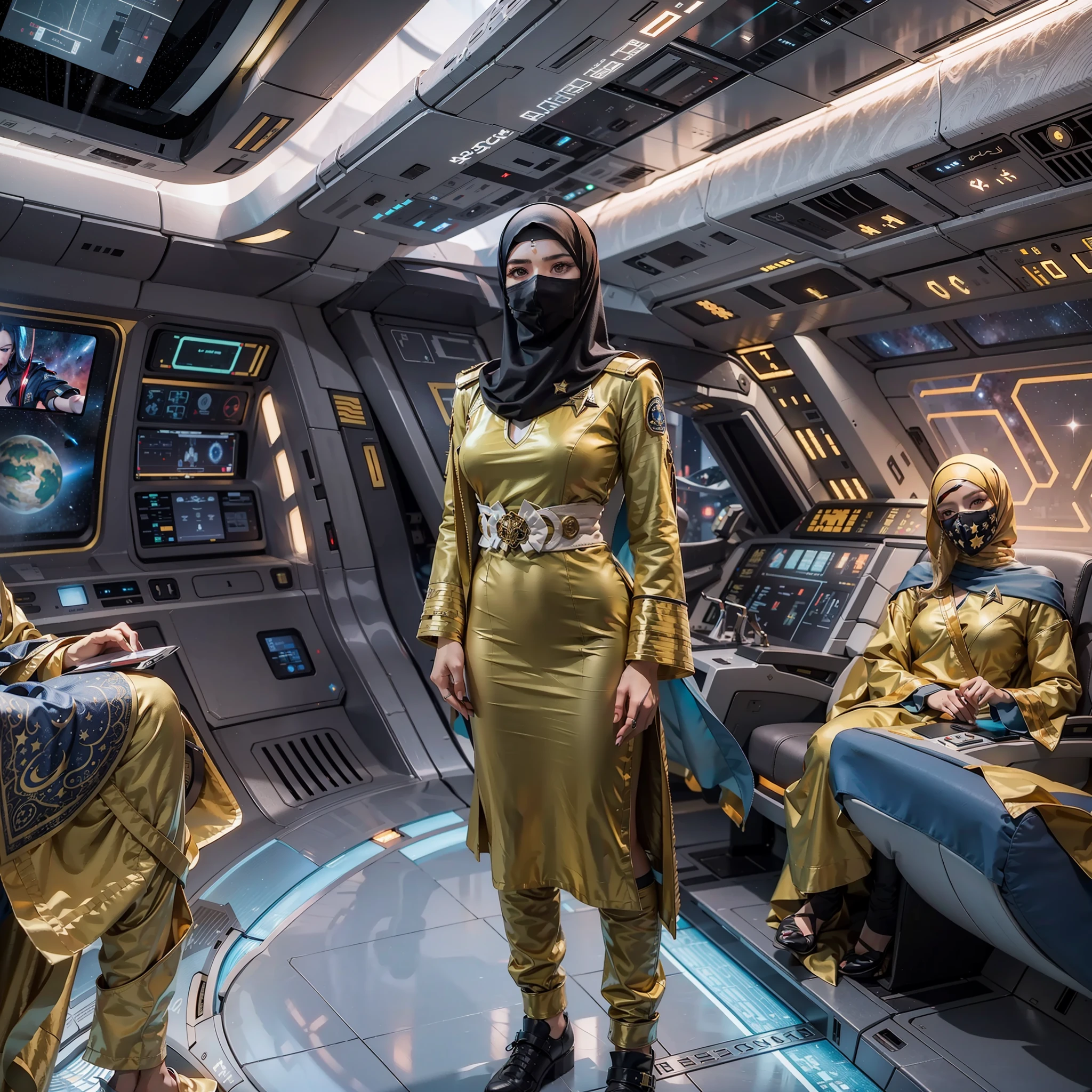 Arabic version《Star-Trek》,Female version《Star-Trek》,Arab female version of James,Arabic hijab,Veil masked,Arabian luxury Starfleet gold livery,Sitting in the cockpit of the Enterprise,The Arab women's version of Spock and the Arab women's version of McCoy,Wear an Arabic headscarf,Veil masked,Wearing an Arabian luxury blue uniform and a red uniform,Stand behind him,The Arabic version of high-tech enterprises travels through space,High-tech and Arabic style,All high-tech masks are worn