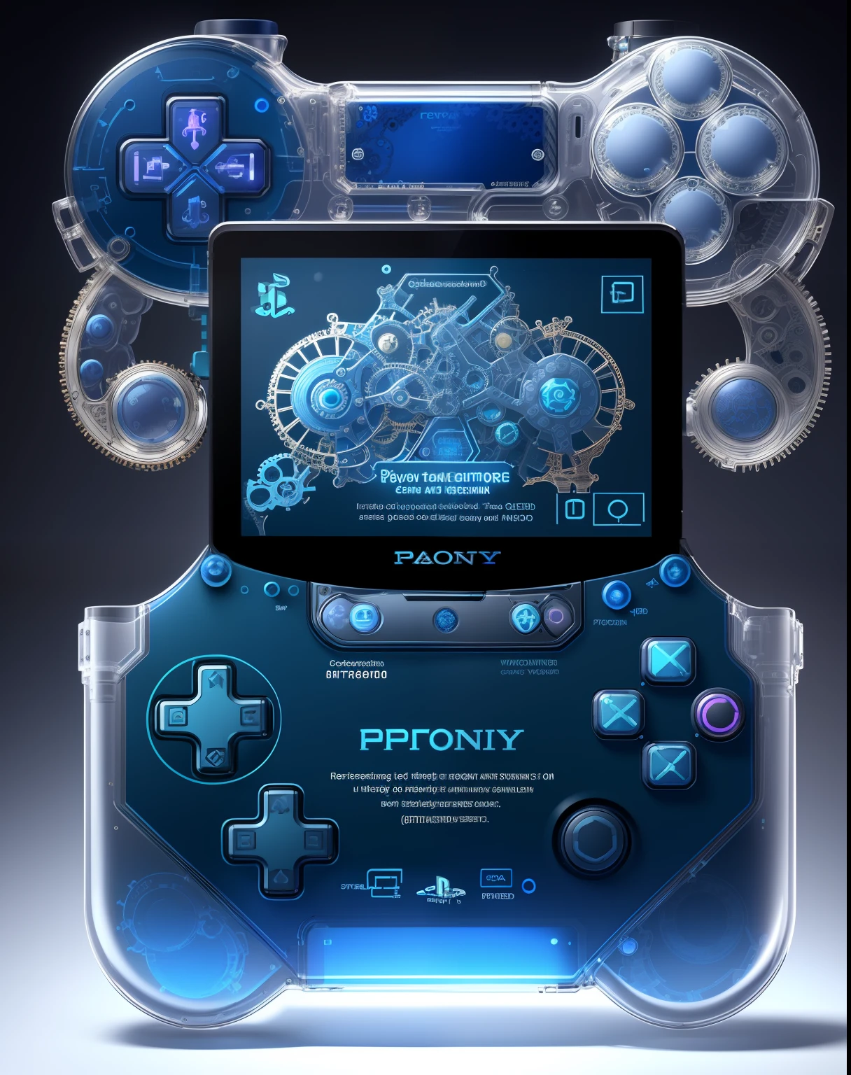 An extremely complex and advanced steampunk PlayStation pad gameboy, intricate details, complex gearwork, steam powered, vacuum valves, Victorian tech, bright vibrant translucent clear with blue highlights,dark background backdrop, detailed product photograph by Tim Walker.