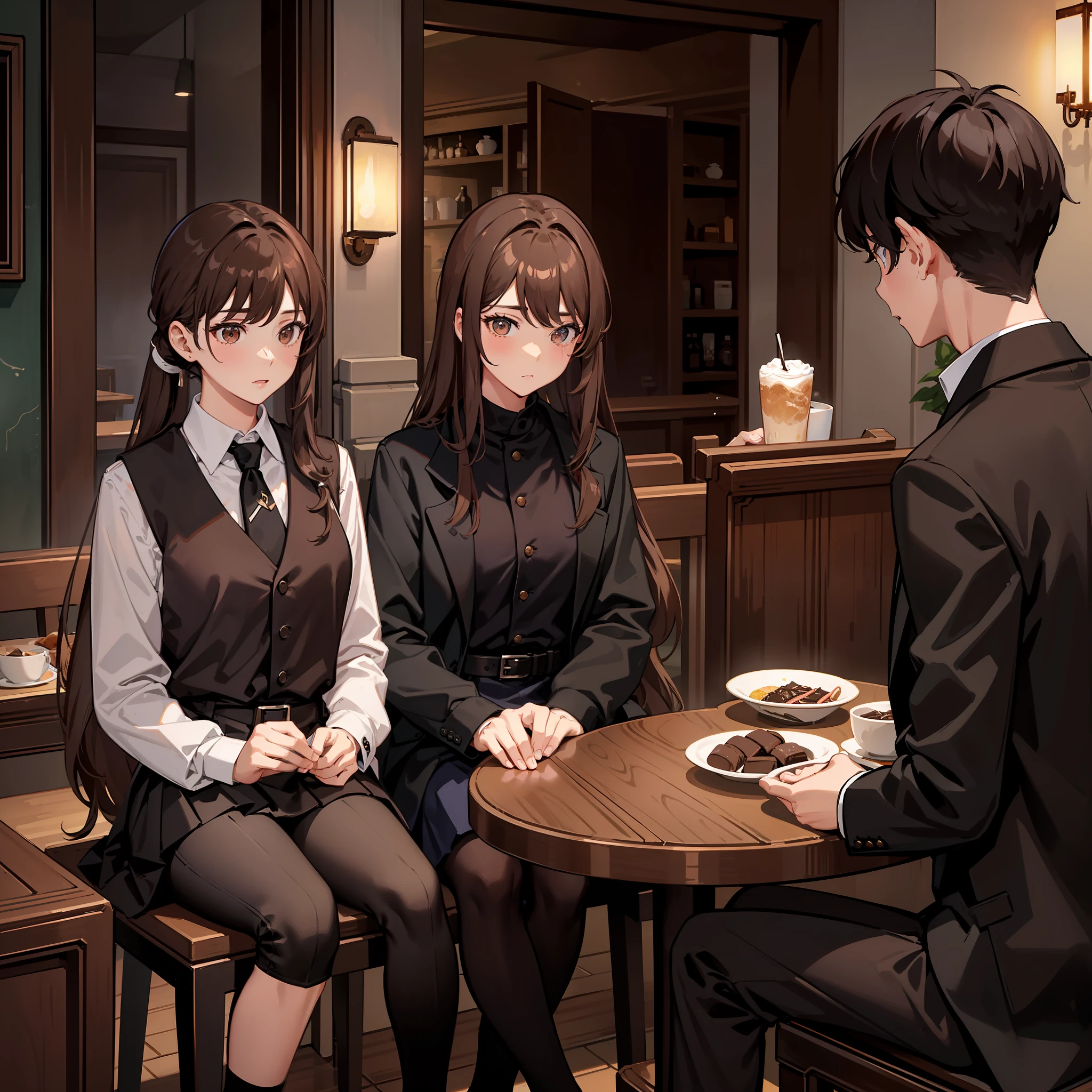Masterpiece, Best quality, A high resolution, A high school girl wears a long ponytail,Chocolate colored hair,Wearing a black vest,Brown coat,Short brown skirt,Being in a restaurant and with brown hair,Brown coat,Boys in black pants eating together,Sit face to face。