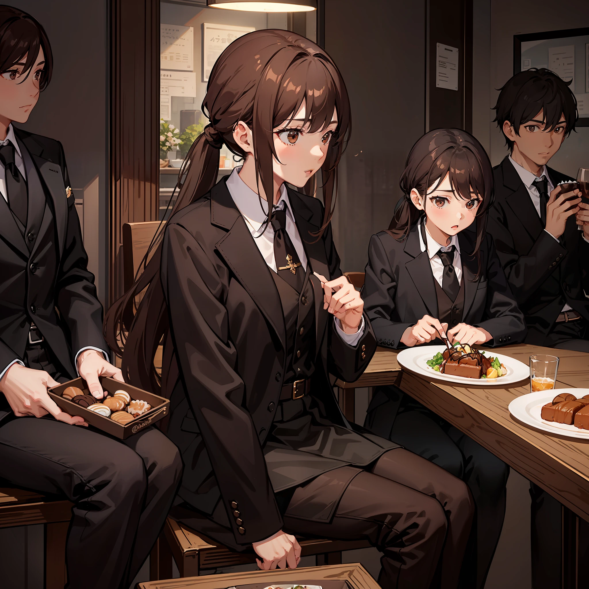 Masterpiece, Best quality, A high resolution, A high school girl wears a long ponytail，Chocolate colored hair，Wearing a black vest，Brown coat，Short brown skirt，Being in a restaurant and with brown hair，Brown coat，Boys in black pants eating together，Sit face to face。