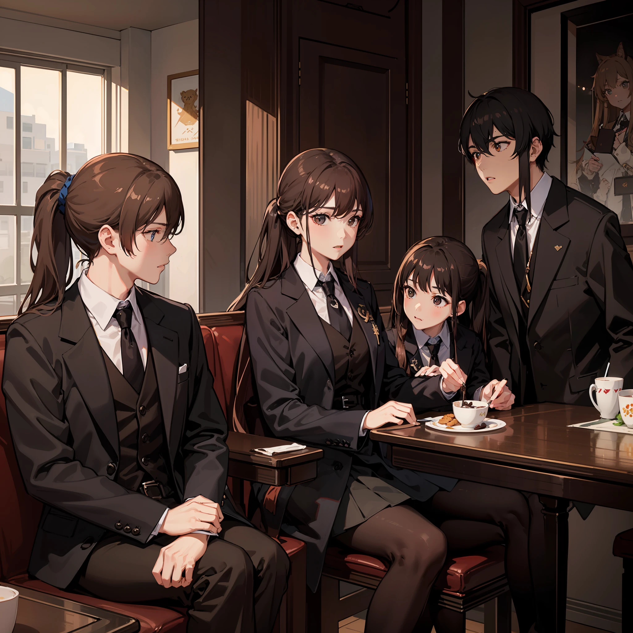 Masterpiece, Best quality, A high resolution, A high school girl wears a long ponytail，Chocolate colored hair，Wearing a black vest，Brown coat，Short brown skirt，Being in a restaurant and with brown hair，Brown coat，Boys in black pants eating together，Sit face to face。