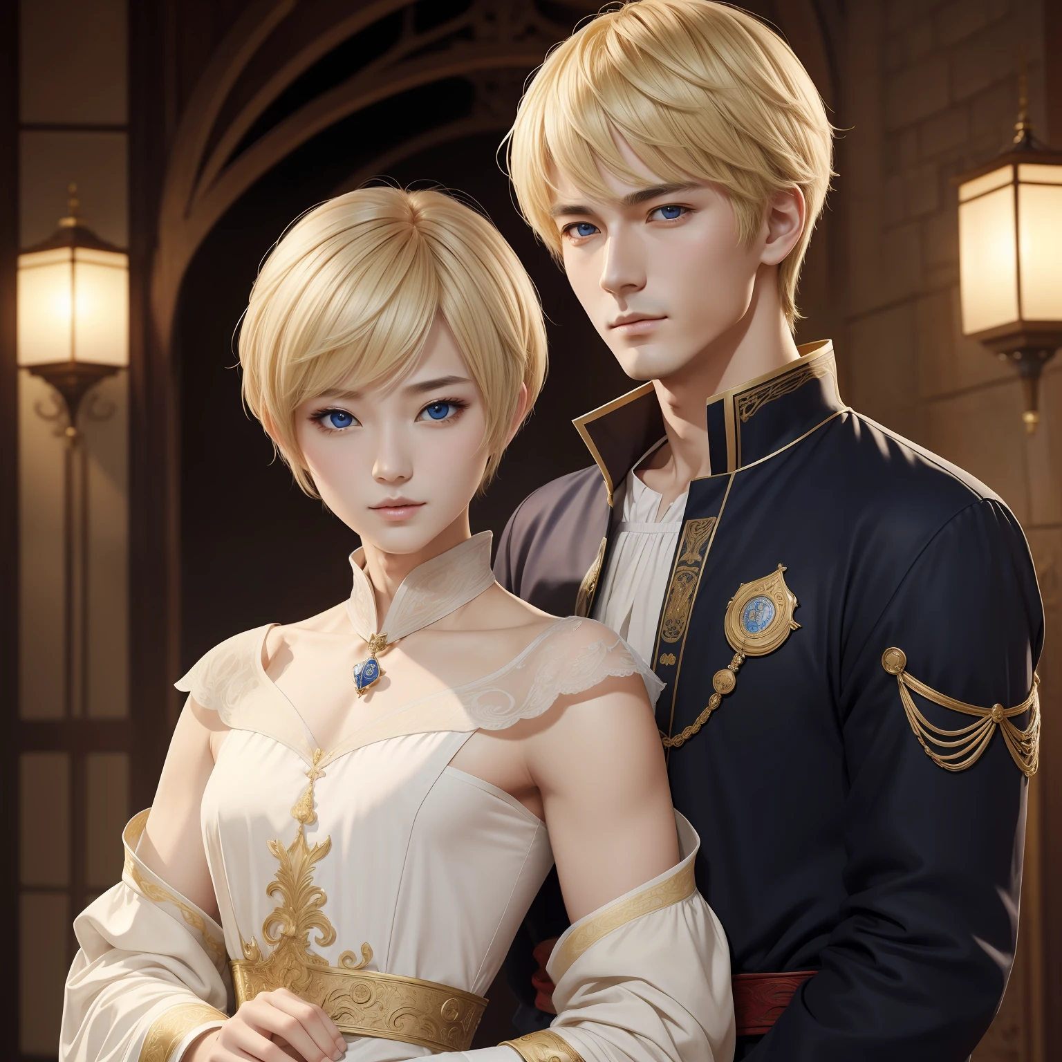 (masterpiece)8K分辨率、top-quality、Delicate and well-formed eyes、Handsome man in European knightly clothes、Model style、Rin々Shishi Face、Blonde pixie cut、fantasy-inspired、