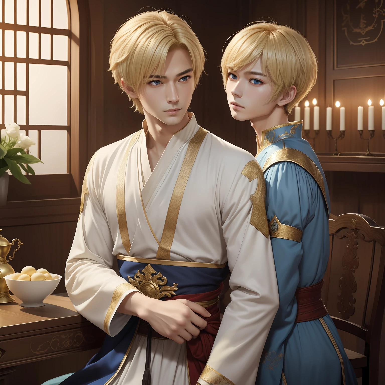 (masterpiece)8K分辨率、top-quality、Delicate and well-formed eyes、Handsome man in European knightly clothes、Model style、Rin々Shishi Face、Blonde pixie cut、fantasy-inspired、