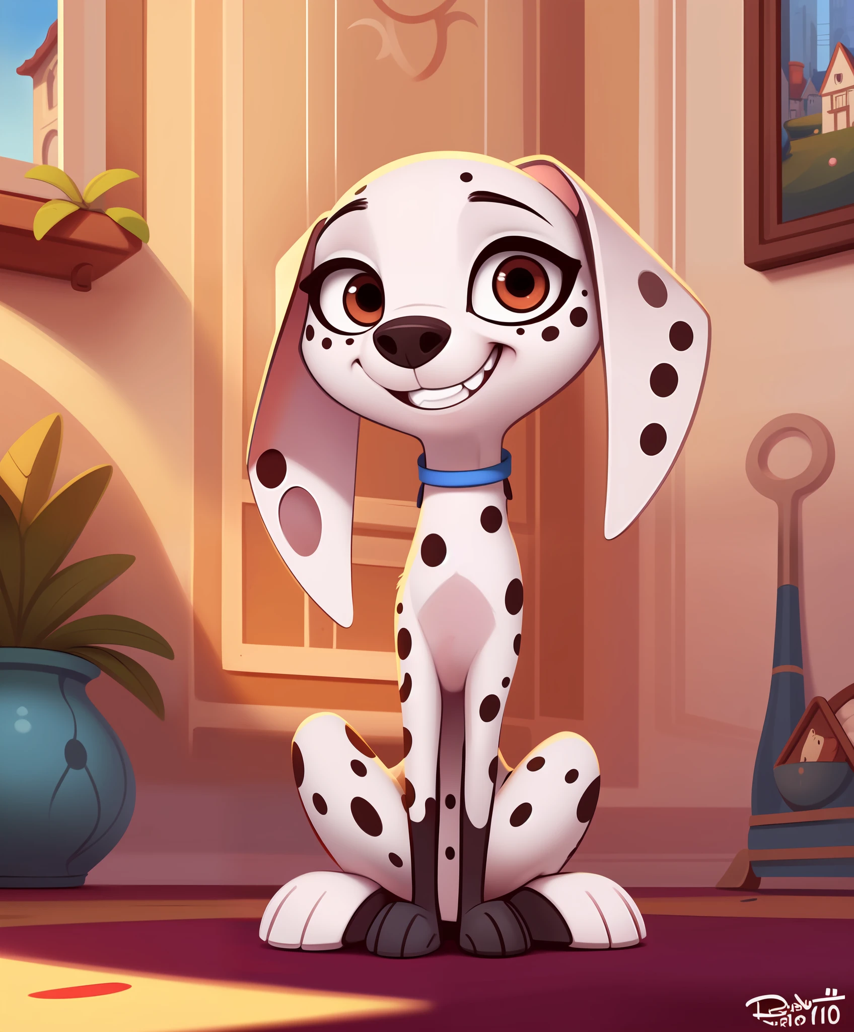 (feral:1.2), (solo) female, detailed, (dolly (101 dalmatians)), sitting, home interior, smile
cartoon, vector art, by qupostuv35, by siroc, by photonoko, by personalami, by f-r95, by diives