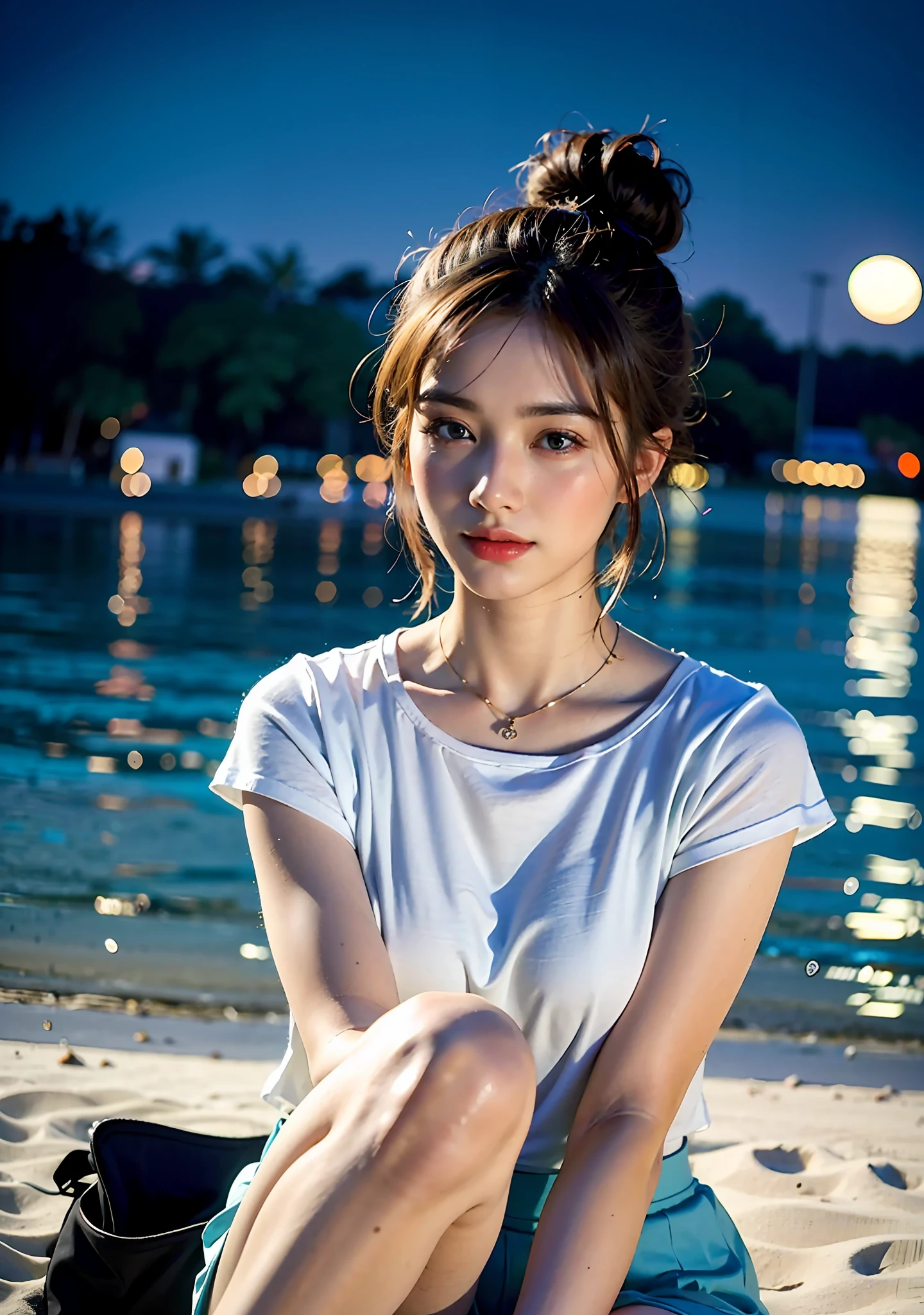 22 year old girl, wearing knee length mini skirt, white top, turquoise skirt, light blue hair, 3/4 body, portrait photo, deep of field, f/0.5, 200mm, girly, pretty, detailed skin description, realistic, 1 girl, natural pose, beach resort in the background, high bun hairstyle, moon night light,
